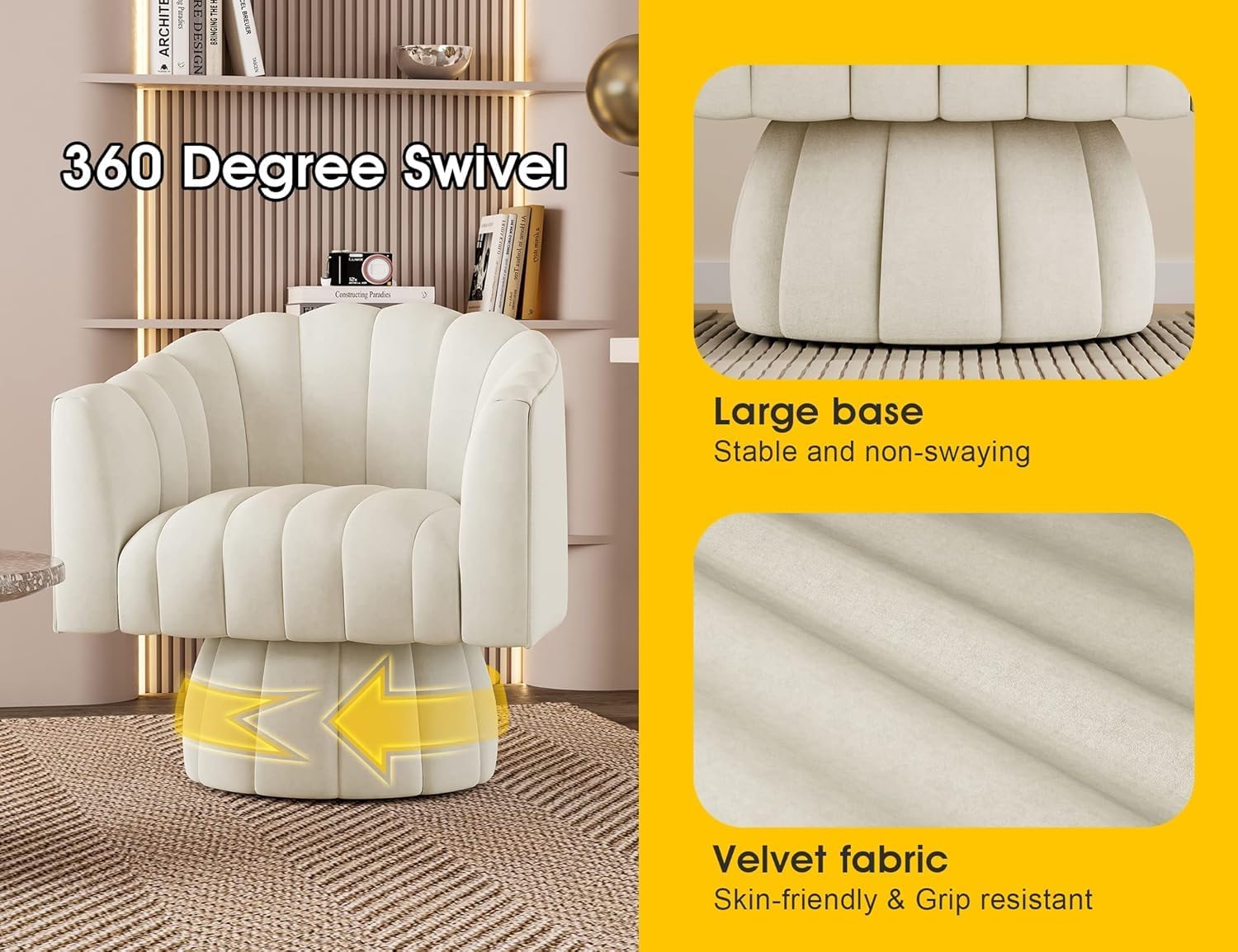 Swivel Accent Chair Set of 2, 360° Swivel Barrel Chair with Armrest, Velvet Upholstered Single Sofa Reading Chair for Living Room,Bedroom,Waiting Room(Beige-2)