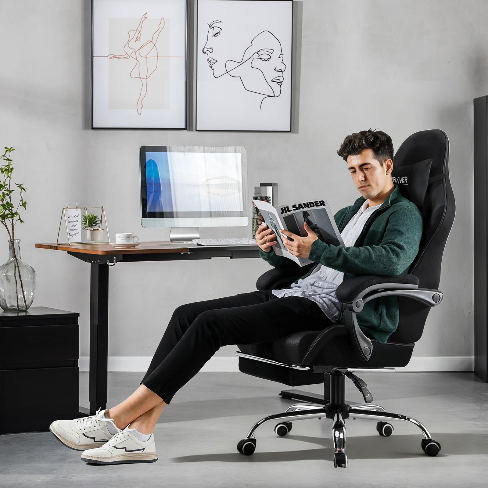 GTPLAYER Sedia da gioco, sedia da ufficio, sedia ergonomica, sedia da gioco, con supporto per massaggi, sedie task con poggiapiedi e poggiatesta, tessuto nero