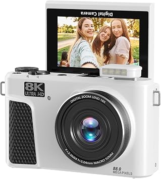 Acogedor 8K 88MP Digital Camera for Photos, WiFi Vlogging Camera with 3" 180  Flip Screen, 18X Zoom, Auto Focus, Lens Cap, 32GB Card White