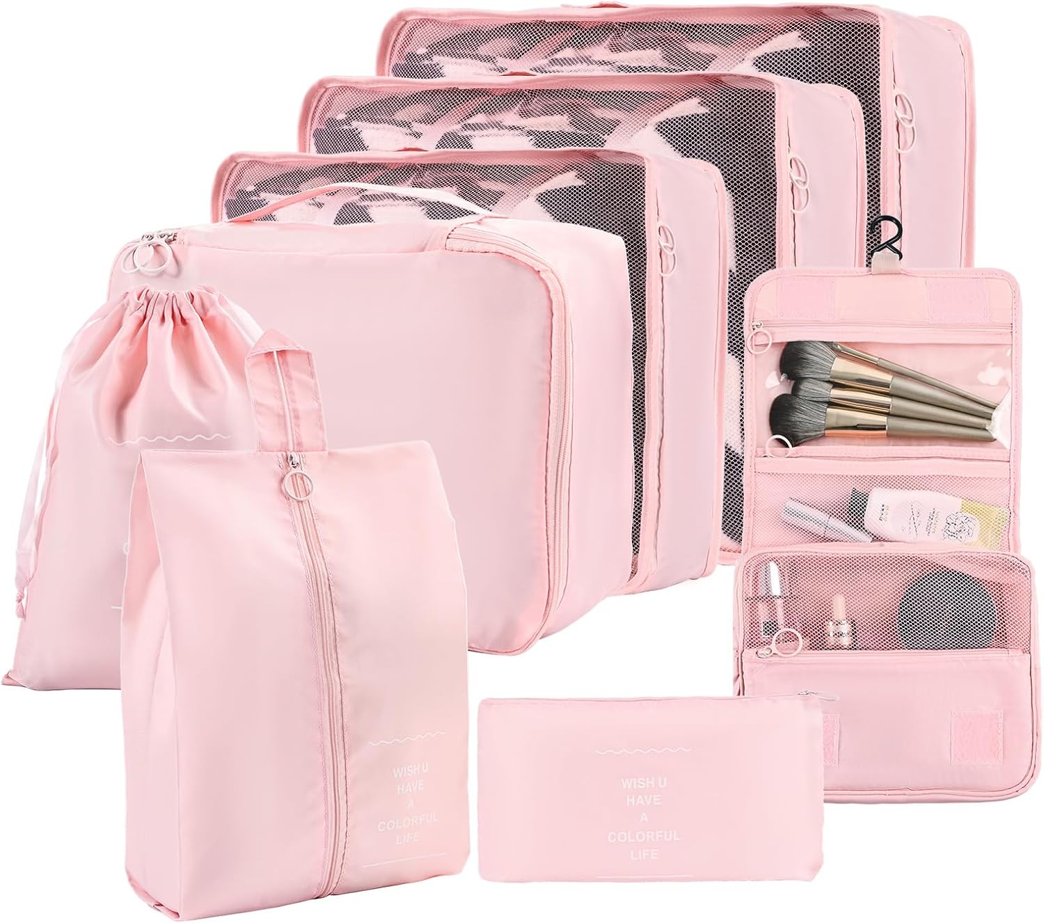 8 Set Compression Packing Cubes for Travel Essentials,Suitcase Organizer Bags, Carry-On Luggage Accessories with Laundry & Toiletry Bag, Road Trip & Camp Gifts for Men and women（pink）