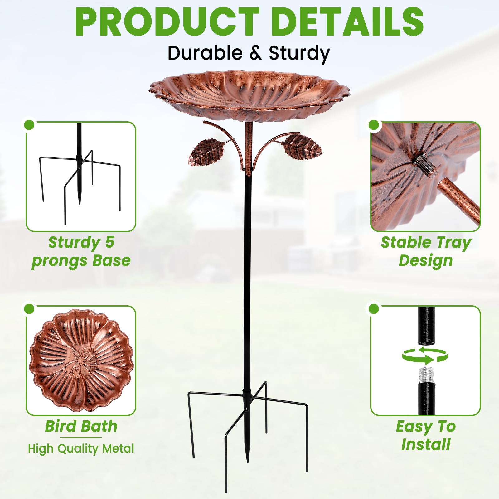 Zorplex Abreuvoir Oiseaux Extérieur, Grand Métal Bain d’Oiseaux Antigel avec Base Stable 5 Broches, Bassin Décoratif Résistant Hiver pour Oiseaux Sauvages, Jardin, Terrasse et Balcon