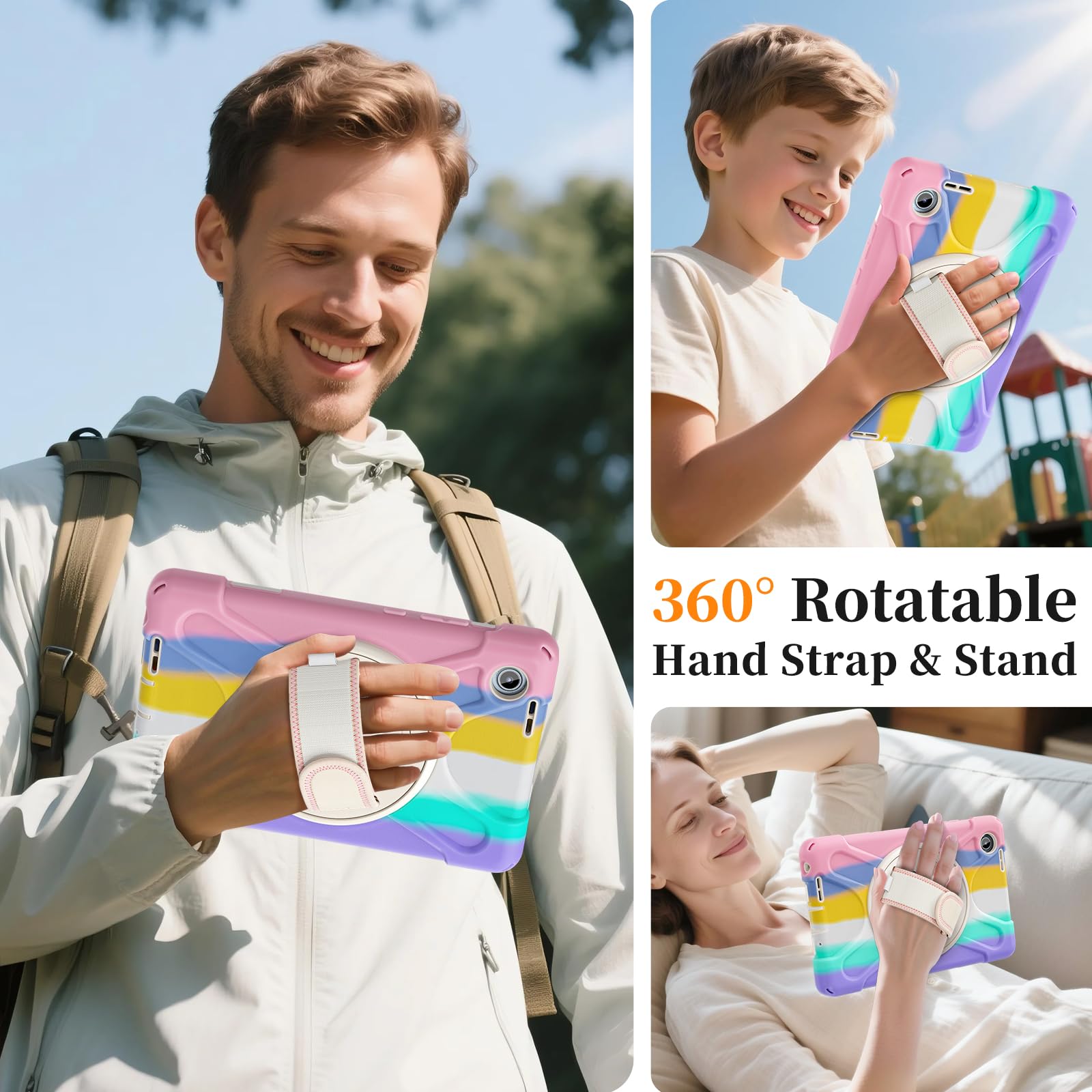 Compatibile con Lenovo Tab One 8.7"/K9 TB305FU (2025), custodia protettiva antiurto di grado militare con supporto da polso e tracolla a prova di caduta con cavalletto girevole (rosa)
