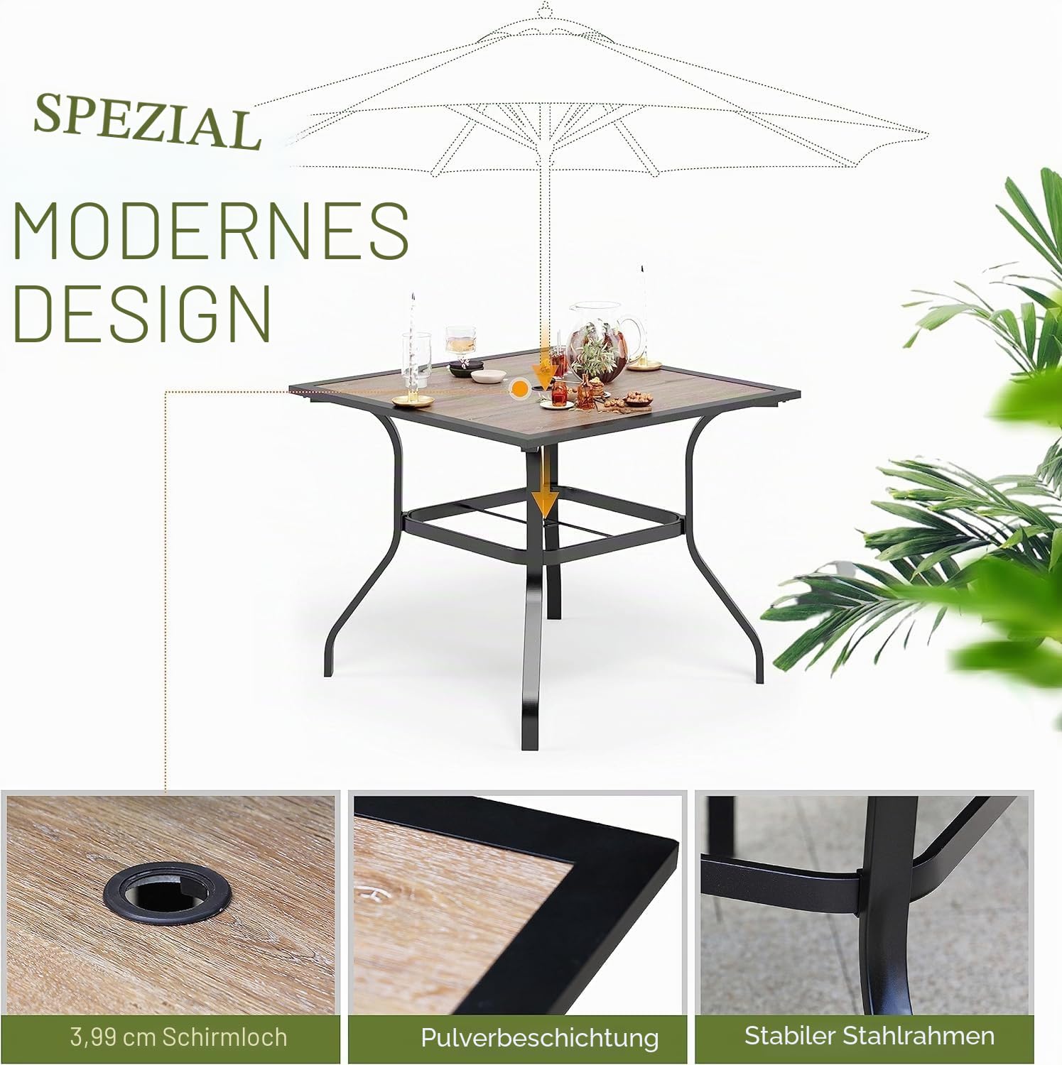 PHI VILLA Gartentisch Esstisch Terrassentisch 94x94 cm Balkontisch, Outdoor Schirmtisch mit 4 cm Regenschirmloch, Stahlrahmen, Premium Holzähnlicher Metall Tischplatte für Terrasse, Rasen, Garten