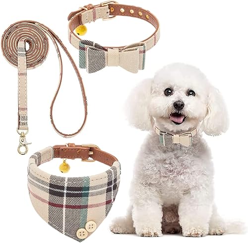 Miniatura 7 de BINGPET Juego de collar con corbata de lazo para perro con correa, lindo collar clásico ajustable a cuadros con campana, apto para perros medianos,
