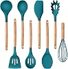 P&P CHEF Silicone Cooking Utensils Set, 8-Piece Kitchen Cooking Utensil with Wooden Handle, Silicone Spatula for Nonstick Cookware, Heat-proof & Easy Clean, Blue