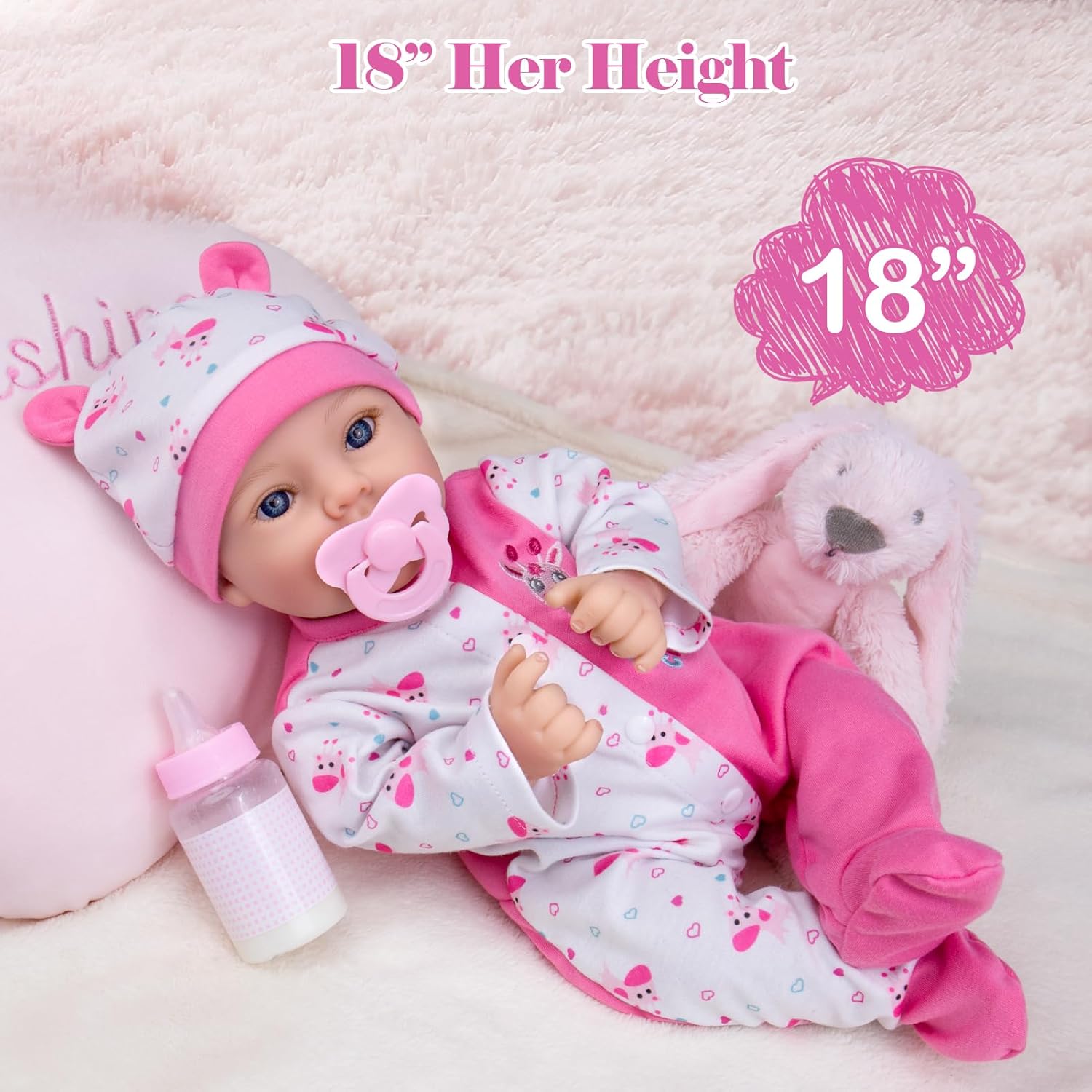 Aori Reborn Baby Dolls Girl - 18'' Realistic Newborn Baby Doll Girl with Pink Feeding Accessories - Lifelike Weighted Body for Role Play, Gift for Kids Ages 3+