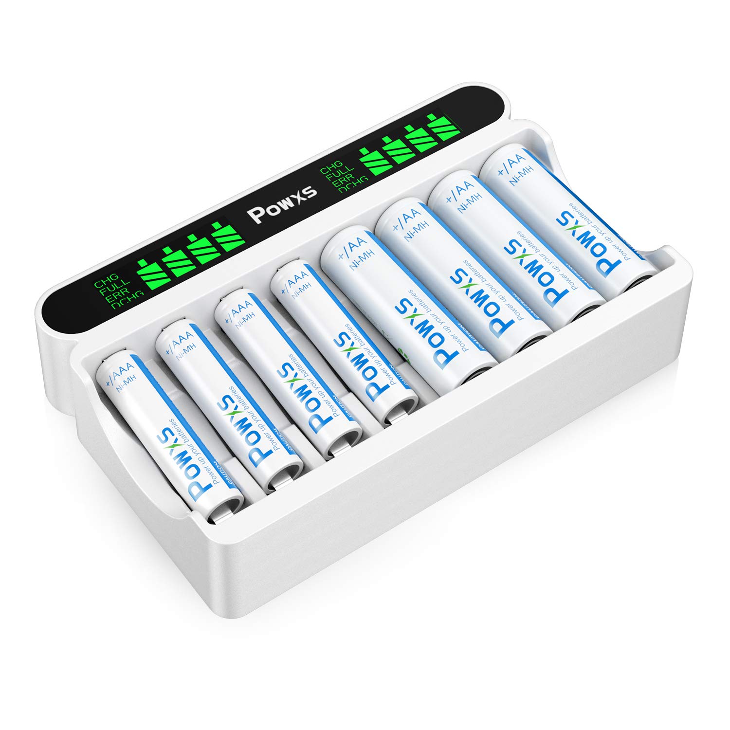 POWXS AA and AAA Rechargeable Batteries with Charger kit, 1.2V 8 Bay Independent and Fast Charger for Ni-MH Ni-CD Double A Batteries and Triple A Batteries