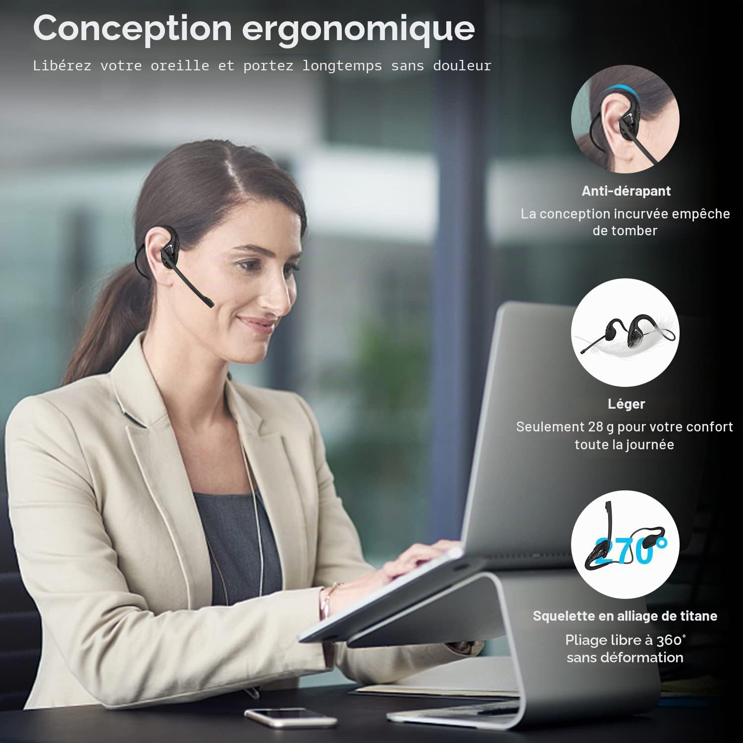 iDIGMALL Casque Bluetooth 5.2 avec micro à suppression du bruit CVC8.0, conduction d'air à oreilles ouvertes, casque stéréo sans fil, la course, l'apprentissage des étudiants