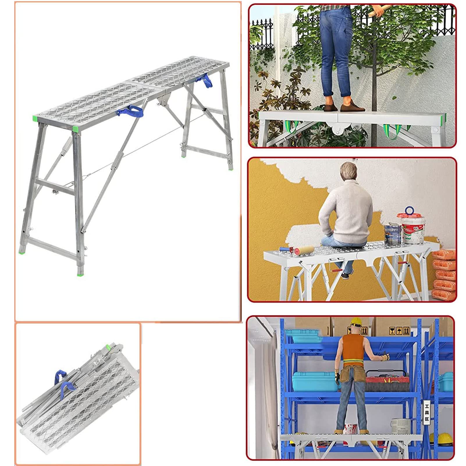 Equipo de andamio multipropósito Plataforma de trabajo ajustable Portable Plegable Plegable Torre Torre Banco de trabajo de la escalera para lavar vehículos, ventanas de limpieza, bricolaje,160cm