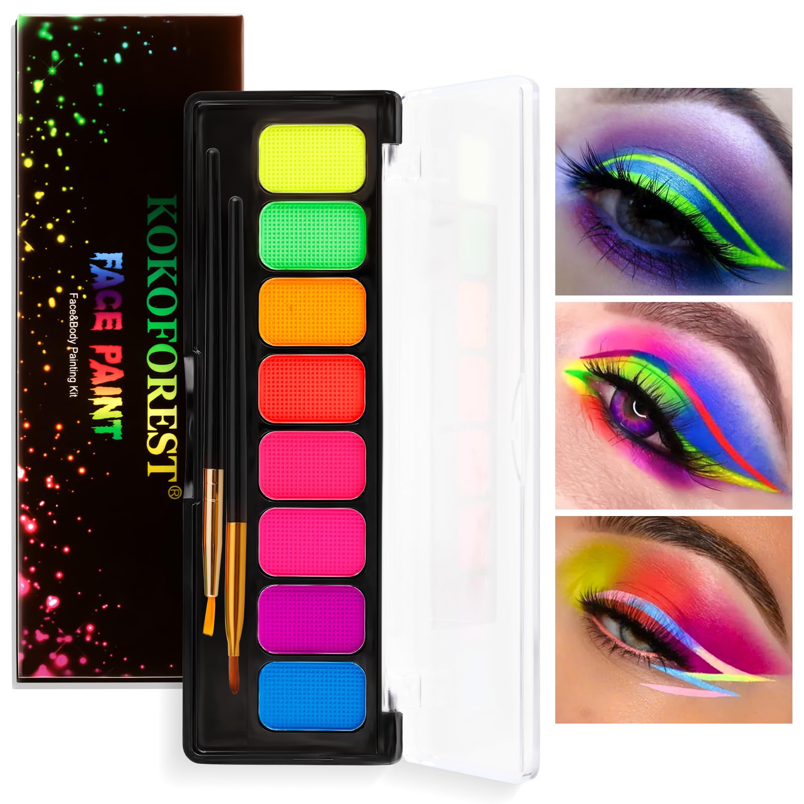 Teekerwan 8 colores pintura facial de neón delineador de ojos loción para activar la paleta de colores delineador de ojos pintura fluorescente ultravioleta Halloween Navidad (01)