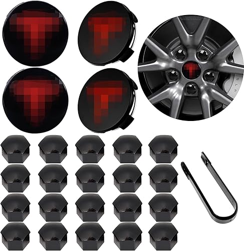 Tapas centrales de rueda, tapas de cubo de rueda compatibles con Tesla Model 3 Y S X, con 4 tapas centrales rojas + 20 cubiertas negras para tuercas