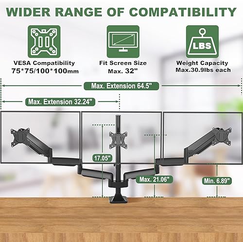 Miniatura 3 de Soporte triple para tres pantallas de computadora de hasta 32 pulgadas, base de abrazadera en C resistente, resorte de gas totalmente ajustable, 3