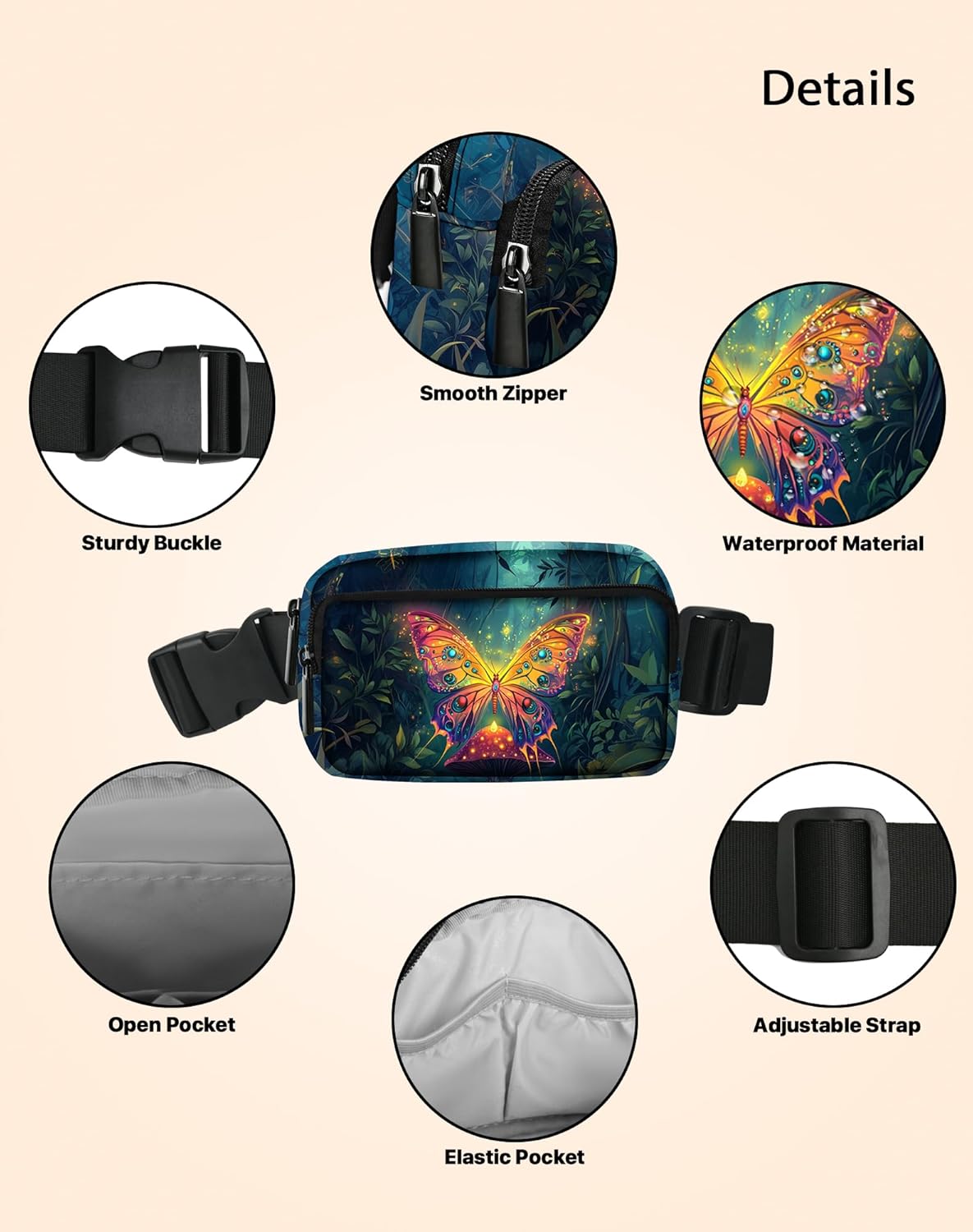 Butterfly Fanny Pack Fashion Belt Bag Lightweight Waist Pouch with Adjustable Strap Mini Crossbody Bags for Women Travel Sports Running - Image 5