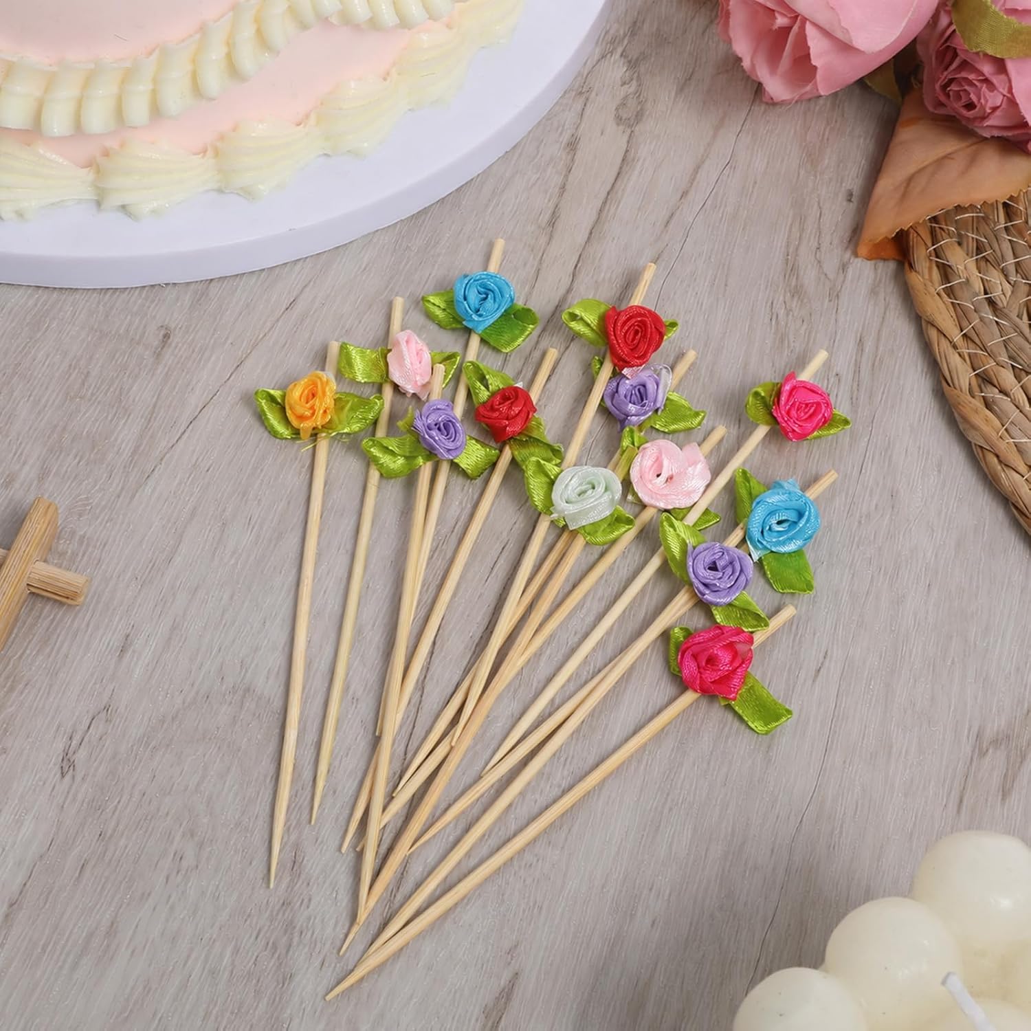 100 Pcs Rose Flower Cocktail Picks 4.7 Inch Multicolor Long Bamboo Fancy Toothpicks Handmade Flower Appetizer Skewers Cute Flowers Toothpick for Decorative Wedding Appetizers Food Fruit and Drink