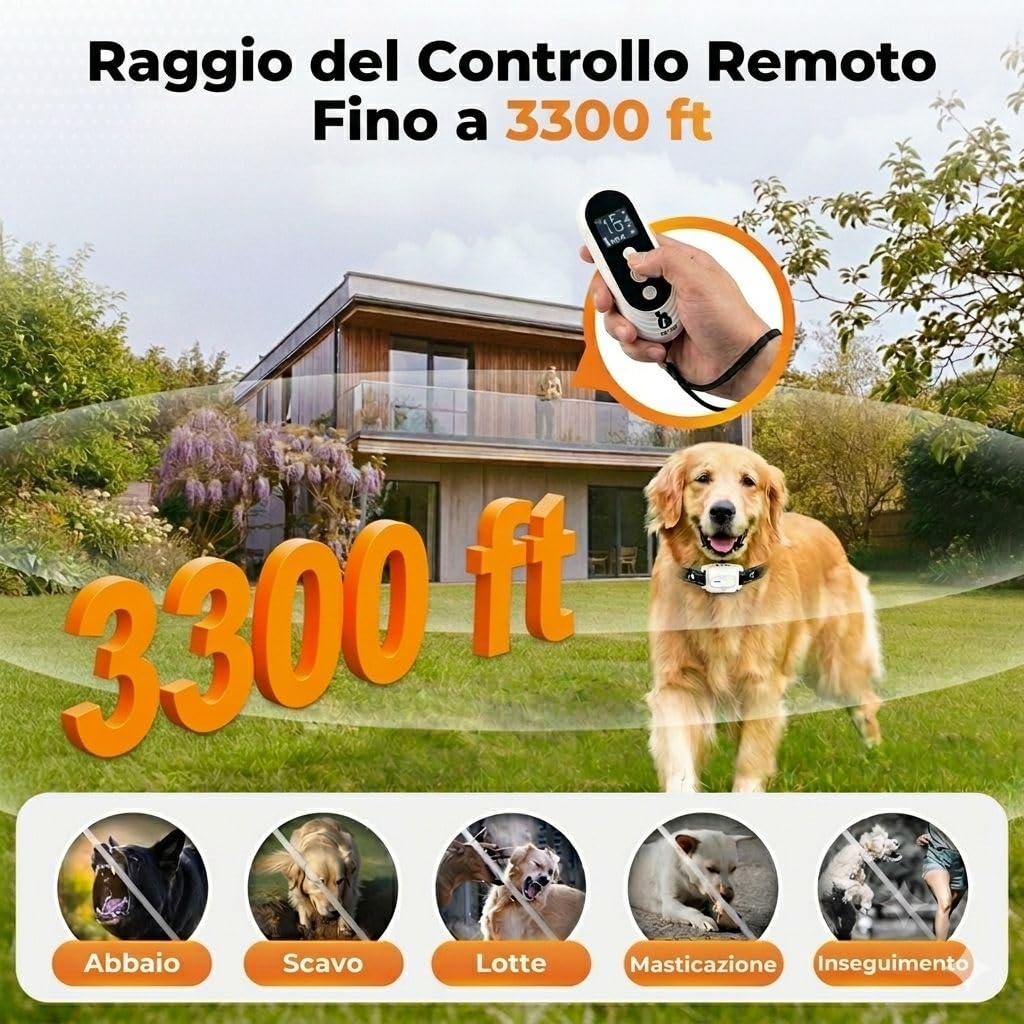 Collier pour Chien avec Télécommande, Portée jusqu’à 3 km, Fonctions Sonores, Vibration et Lumière, 4 Modes Personnalisables, Étanche IPX7, Rechargeable, pour Utilisation Quotidienne