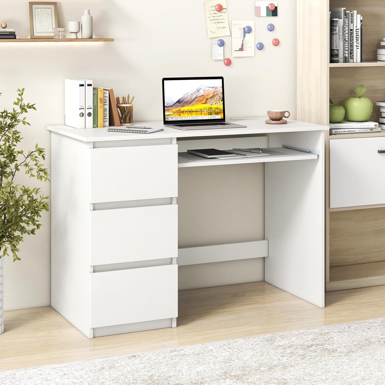 Giantex White Desk with Drawers, Modern Computer Desk with Charging Station & Keyboard Tray, Laptop PC Computer Workstation, Study Writing Desk for Bedroom