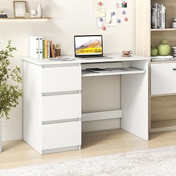 GIANTEX White Desk with Drawers, Modern Computer Desk with Charging Station & Keyboard Tray, Laptop PC Computer Workstation, Study Writing Desk for Bedroom