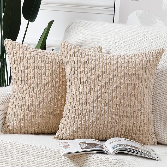 Madizz Pack of 2 Boho Corduroy Cushion Covers 14x14 Inch Beige Soft Decorative Throw Pillow Covers for Bedroom Sofa Pillow Shell