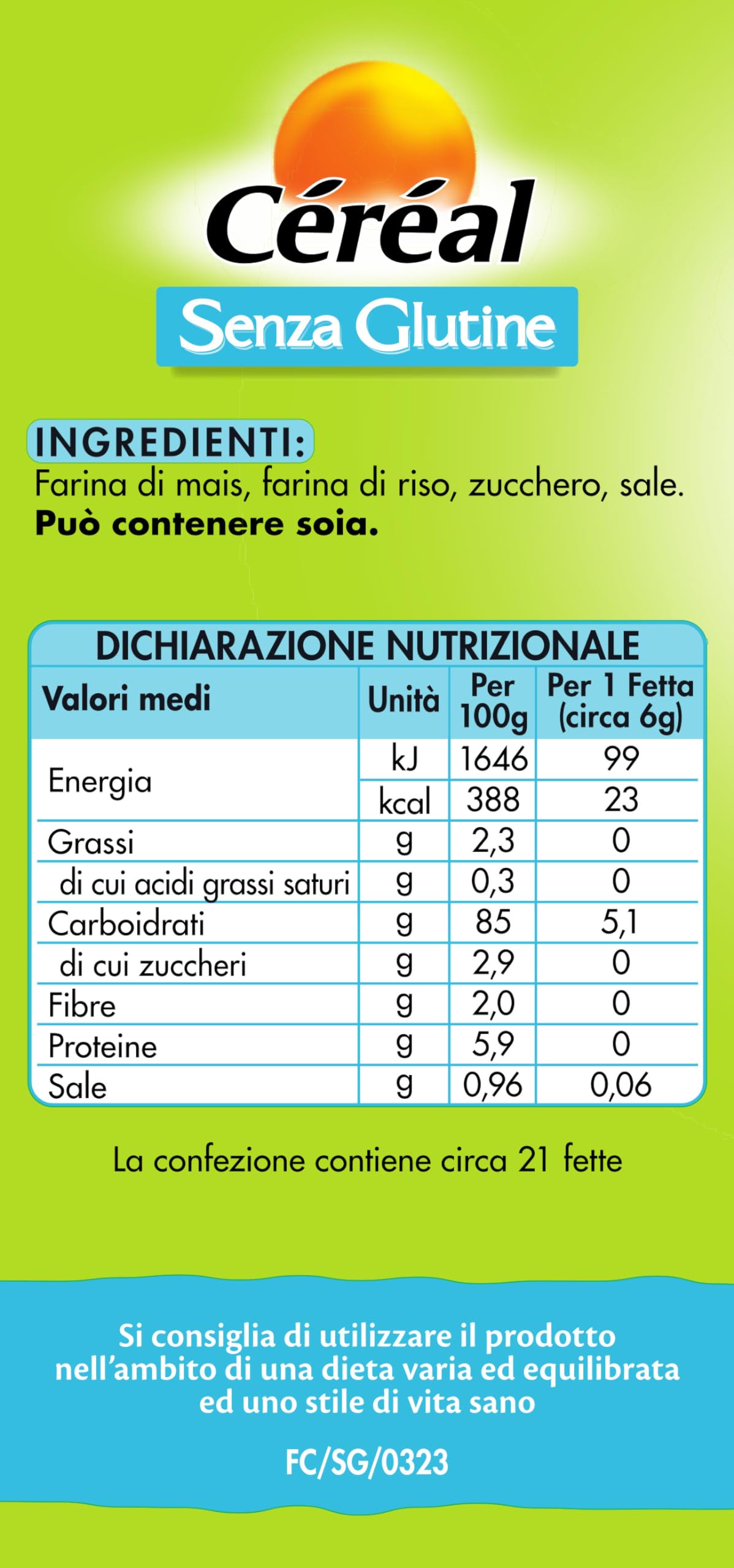 Céréal Fette Croccanti, Fette con Farina di Mais, Farina di Riso, Senza Glutine, Senza Lattosio, 125 gr, Formato 12 Confezioni