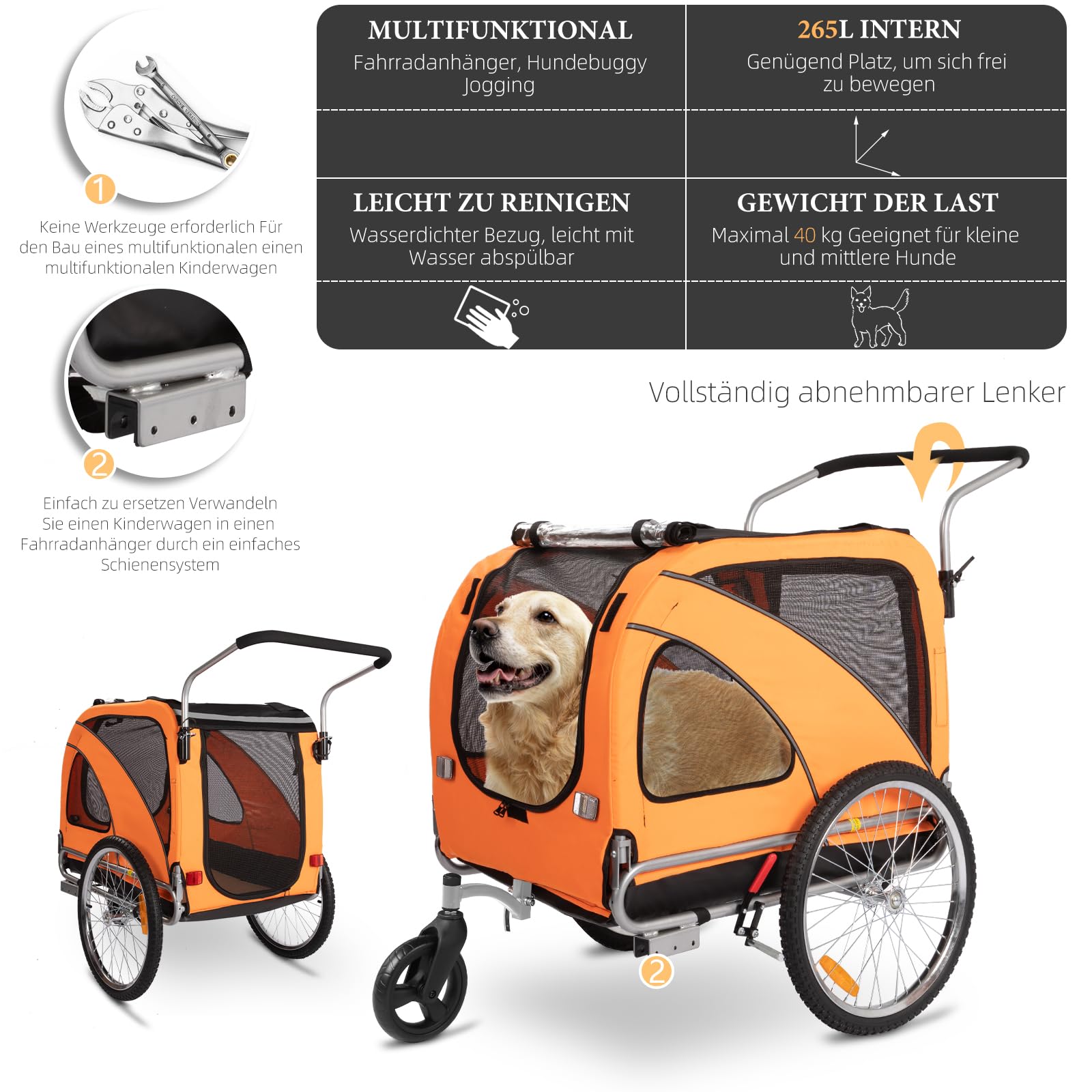 XL Hundeanhänger Fahrrad & Jogger 2-in-1 mit Handbremse und Reflektoren, stabiles 600D Oxford-Gewebe, Hundetransporter bis 40 kg