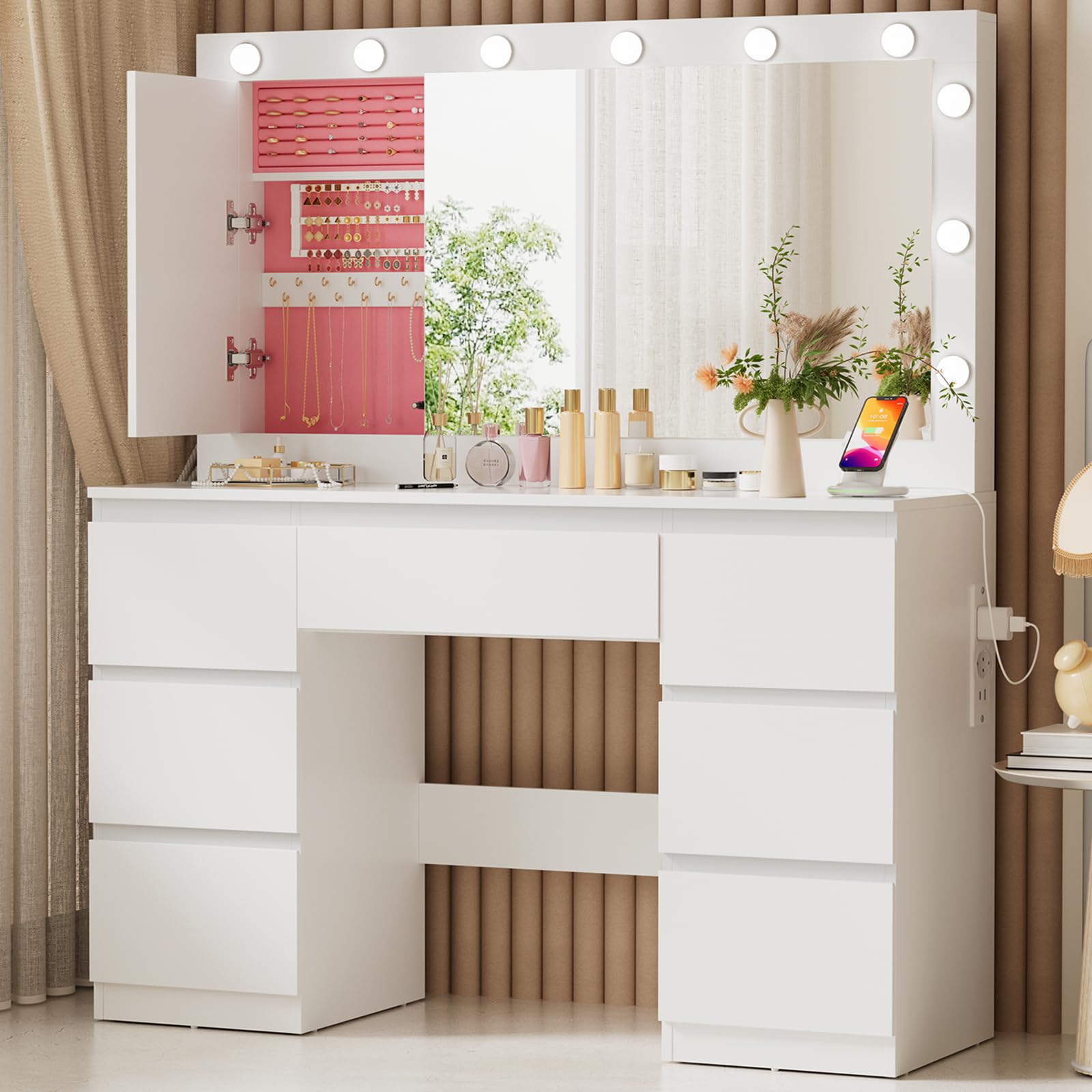 TRIUMPHKEY Schminktisch mit Große Spiege und LED-Beleuchtung, Einstellbarer Helligkeit, 120x40x140cm, Frisiertisch mit 7 Schubladen, Steckdose,Schmuckschrank, Kosmetiktisch für das Schlafzimmer, Weiß