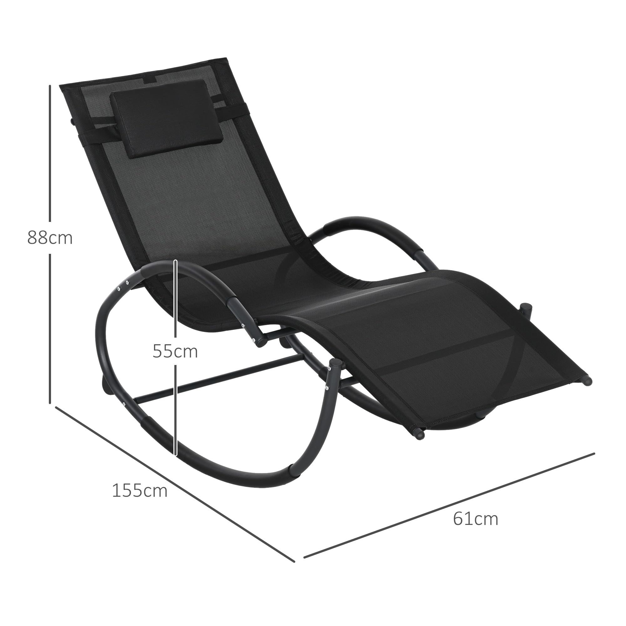 Outsunny Mecedora de Exterior Tumbona Mecedora con Reposacabezas Reposabrazos y Marco Metálico Carga 120 kg para Interior y Exterior 155x61x88 cm Negro