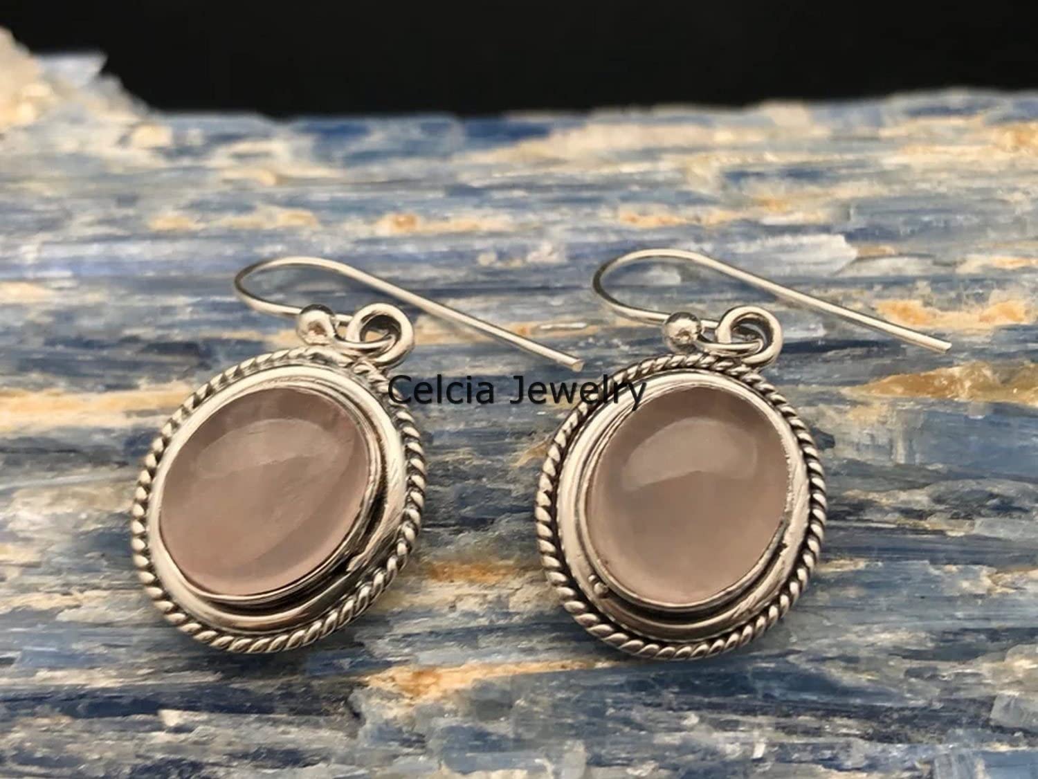 Pendientes colgantes de lágrima de plata de ley 925 maciza para mujer, piedra preciosa de cuarzo rosa genuina, hermosos pendientes hechos a mano con piedra natal de octubre