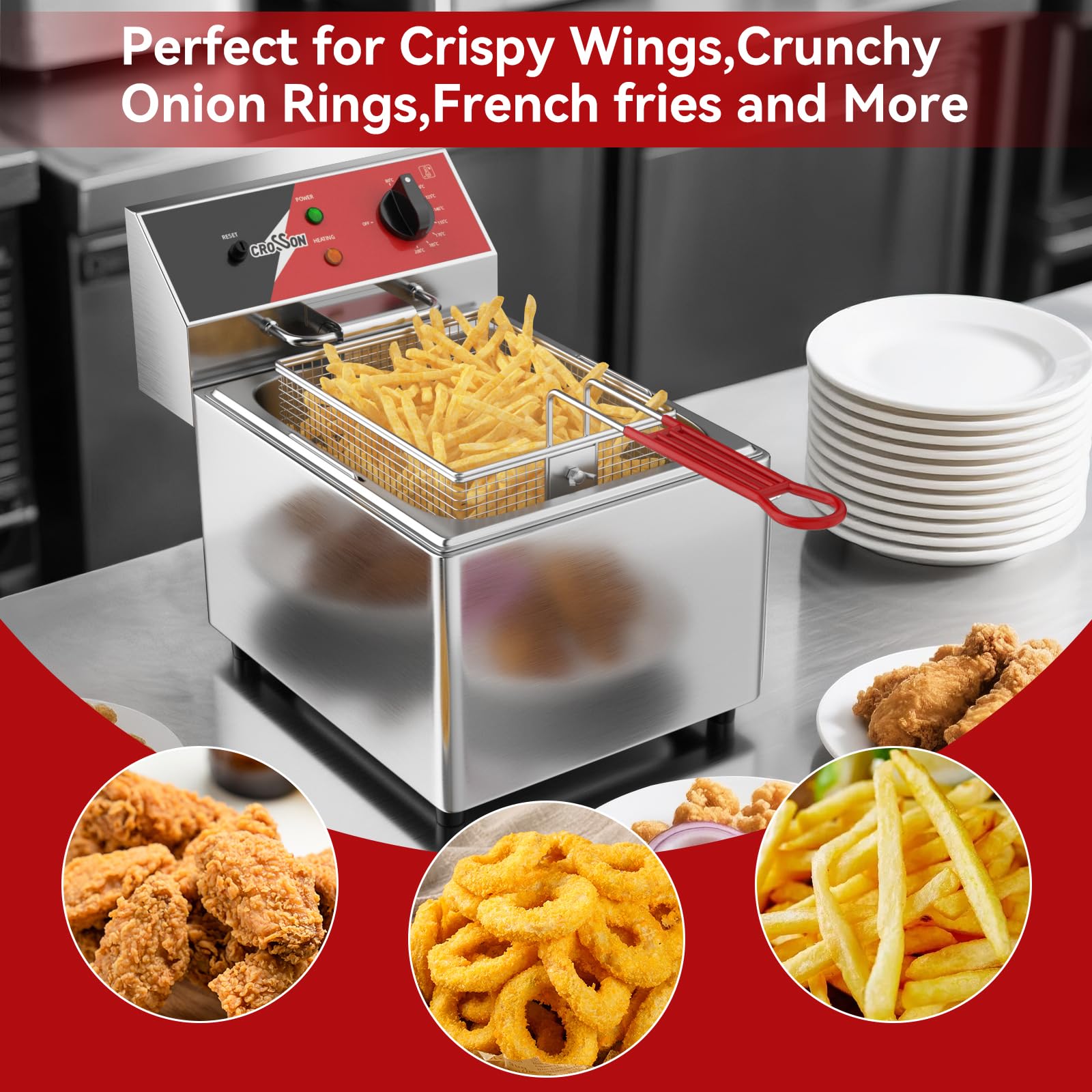 CROSSON 8L Professionelle Elektrische Fritteuse,3250W Kommerzielle Elektrische Fritteuse aus Edelstahl mit Korb, Temperaturkontrolle 80-200°C Schnelles Erhitzen für Restaurant und Zuhause