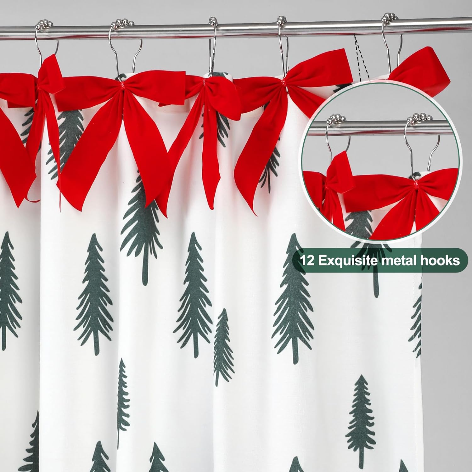 Mindsoft Valentine's Day Love Pattern Cotton Shower Curtain Set Valentines Bathroom Decor with 12 Metal Hooks Waterproof Romantic Bathroom Festival Decor 72x72 Inch(Christmas Trees)