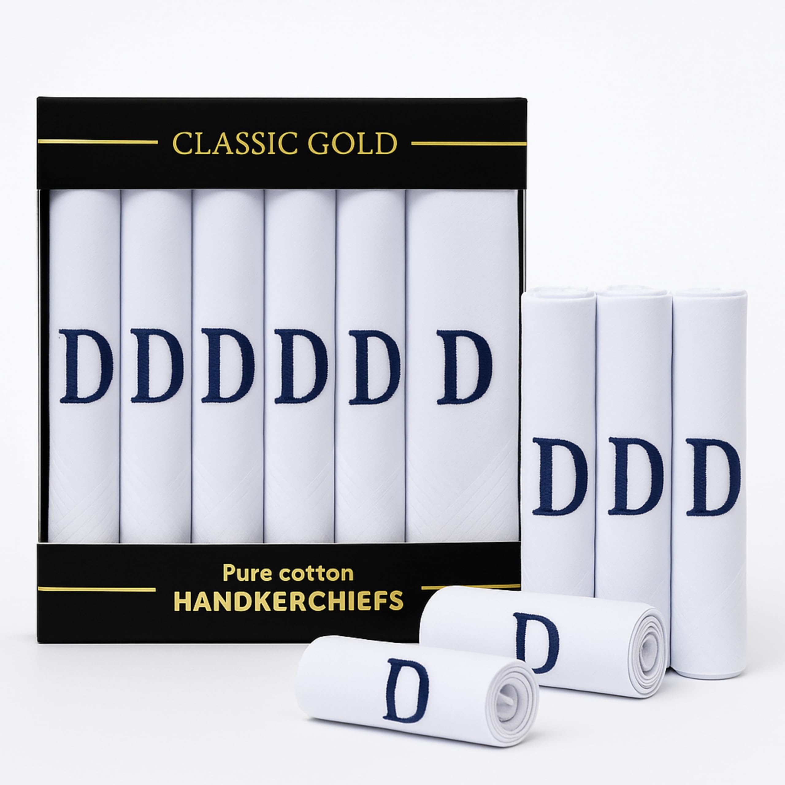 DUDU N GIRLIE 7 Pack of Mens/Gentlemens White Satin Bordered Handkerchiefs with & Blue Embroidered Initials, D, One Size