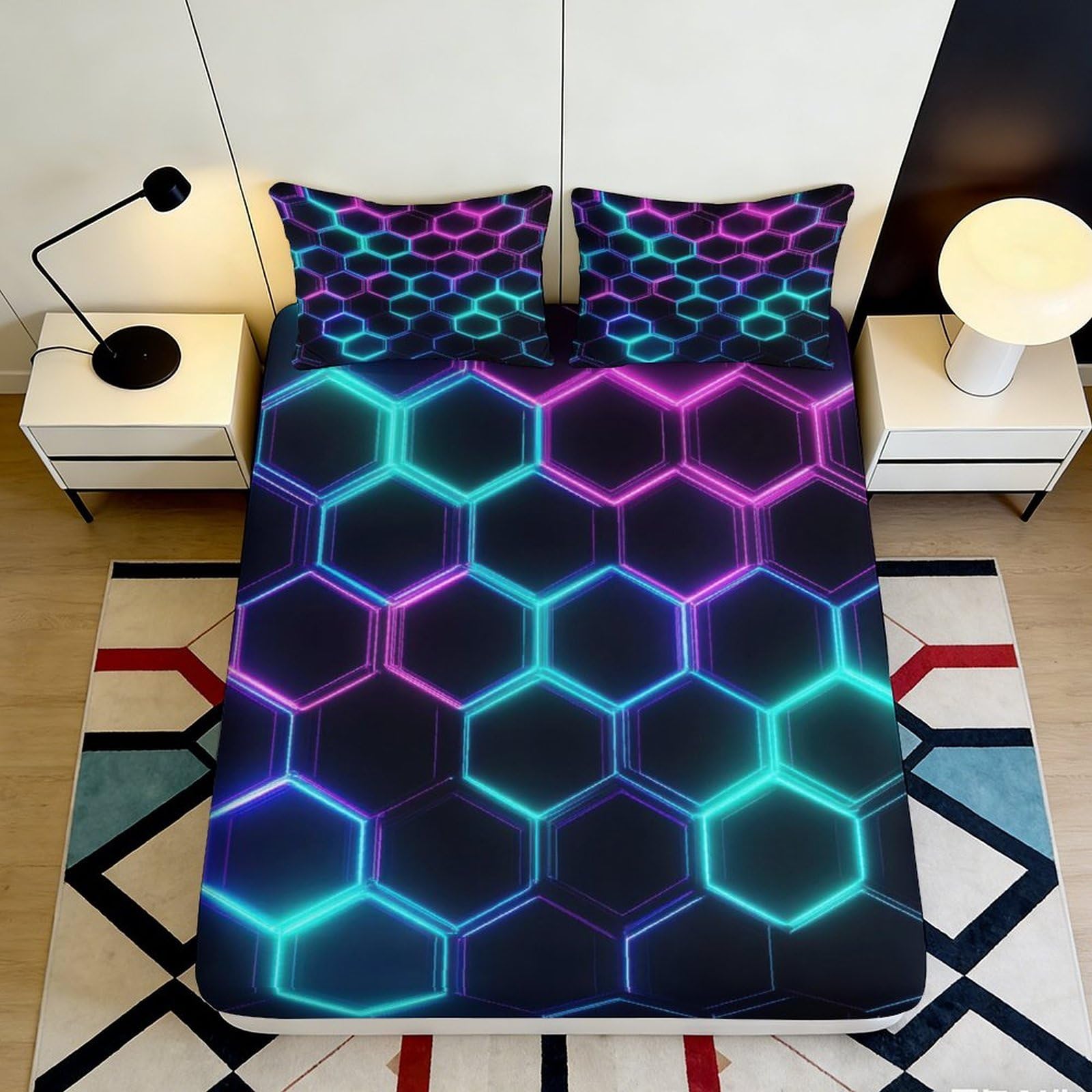 3D Printed Neon Hexagon Fitted Sheet Microfiber Soft Bedroom Decor Geometric Mattress Cover for Home Guest Room 90x200x25cm