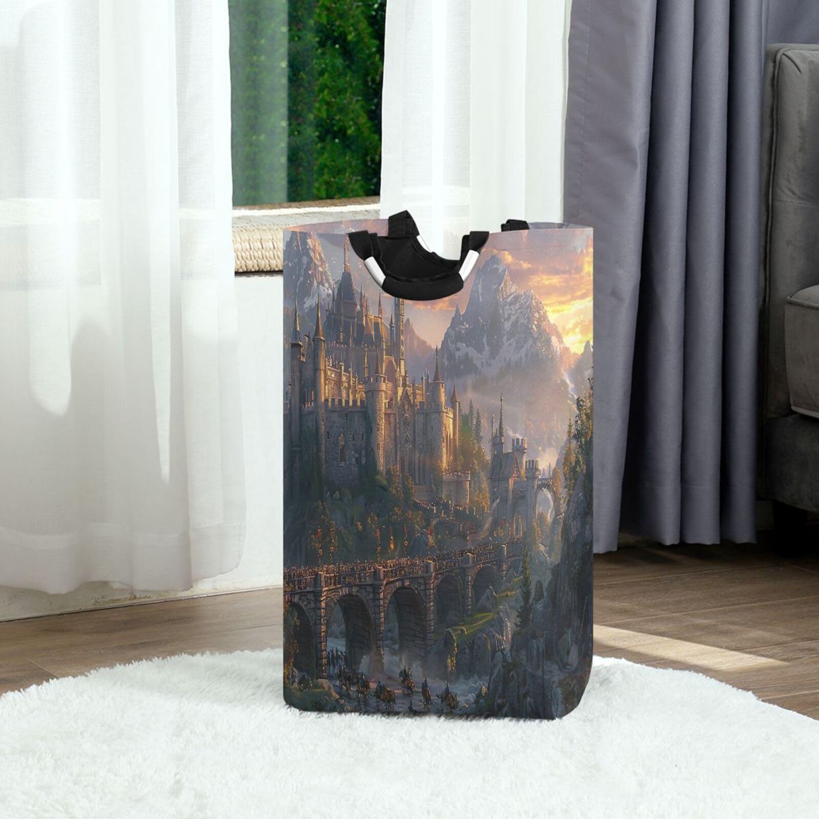 Jihqo Laundry Hamper Basket Fantasy Castle World Collapsible Nursery Storage Bin Waterproof Clothing Baskets for Home Bedroom Bathroom Washing Room