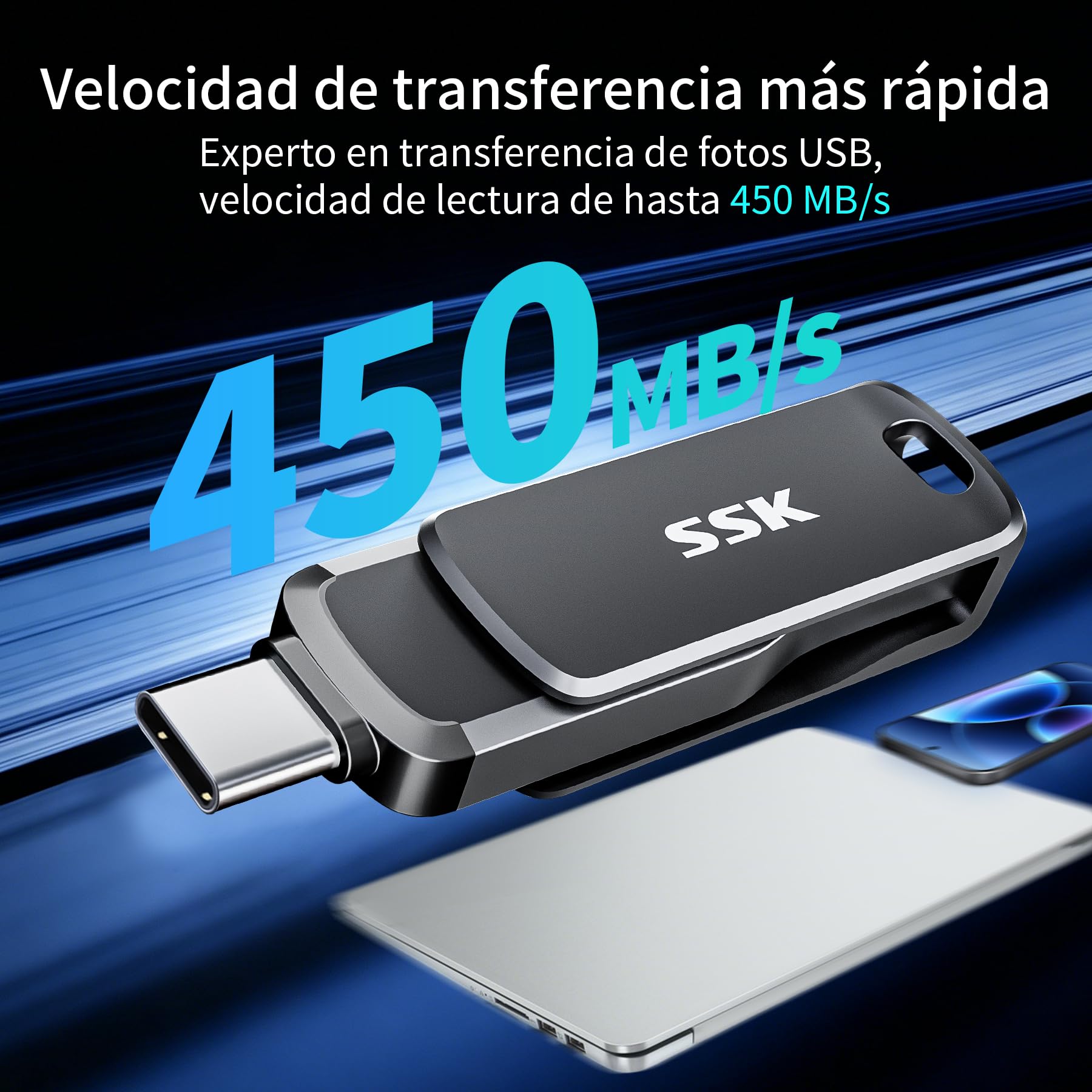 SSK Memoria USB pendrive 128GB,Lectura hasta450MB/s,Doble Conector USB C Ya