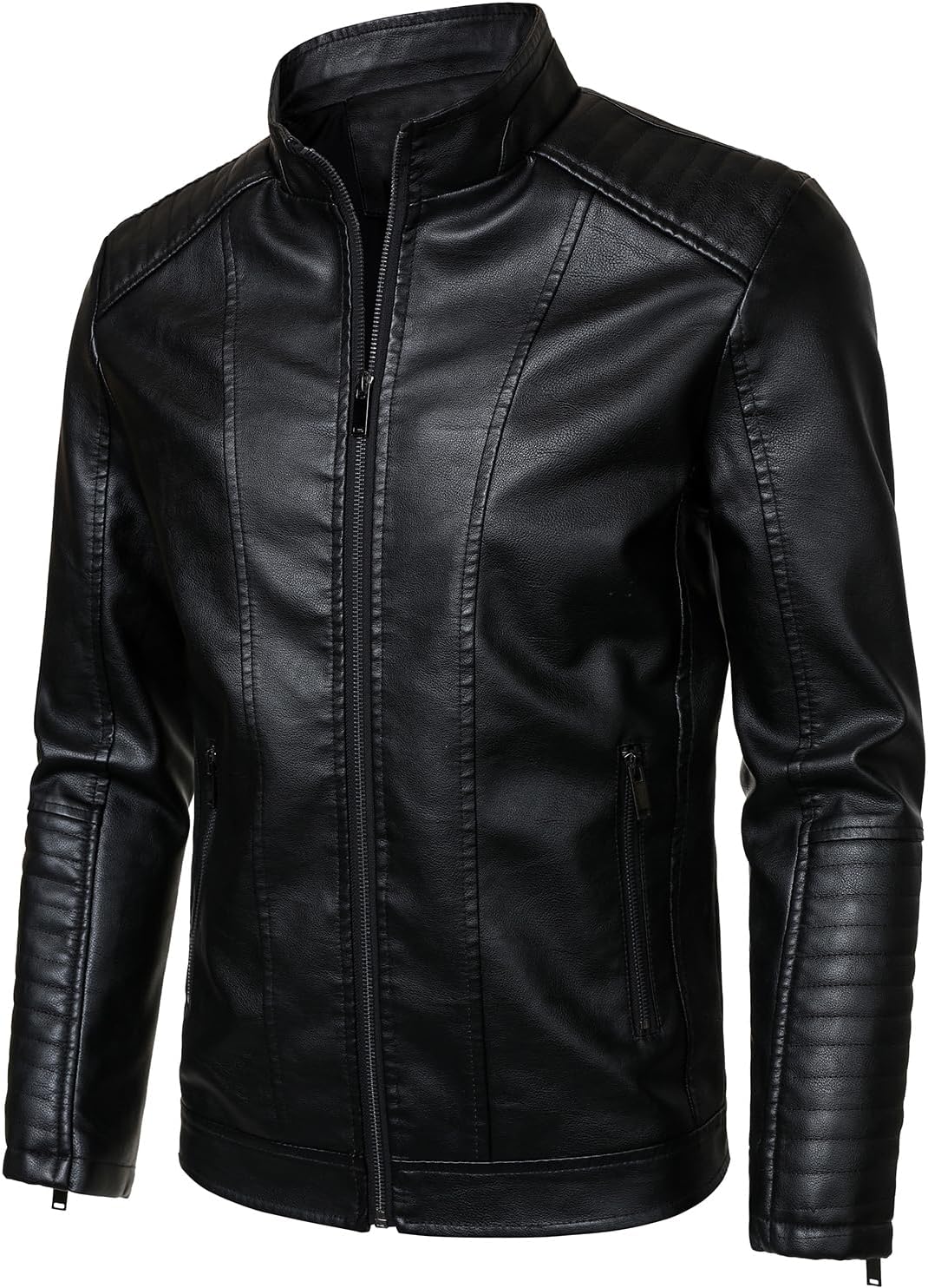 HOOD CREW Men’s Stand Collar Leather Jacket Motorcycle Jackets Faux Leather Biker Coats Lightweight Outwear