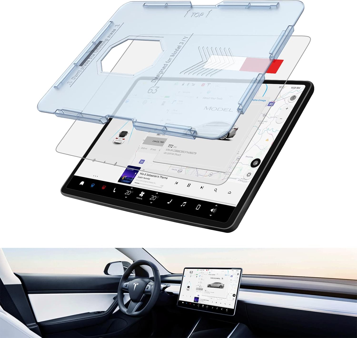 MOBDIK Silkfeel Glass Screen Protector Compatible with Tesla Model 3 / Y Center Control Touchscreen EZ Kit, Automatic Alignment, Anti-Glare, Tempered Glass