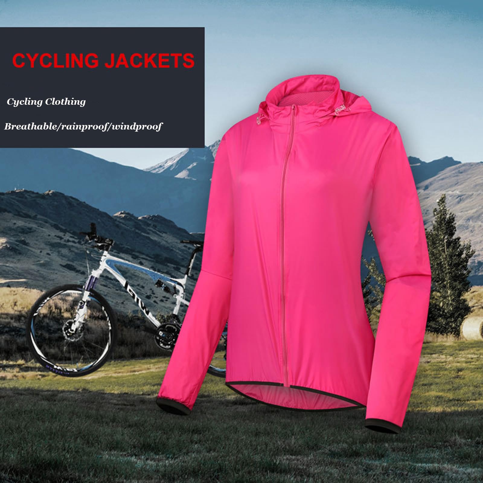 Veste de Cyclisme avec Capuche Cachée Femme, imperméable Hauts de Vélo de Montagne Haute Visibilité Coupe-Vent pour Randonnée, Course, Camping, Équitation, Rose Red-XXL