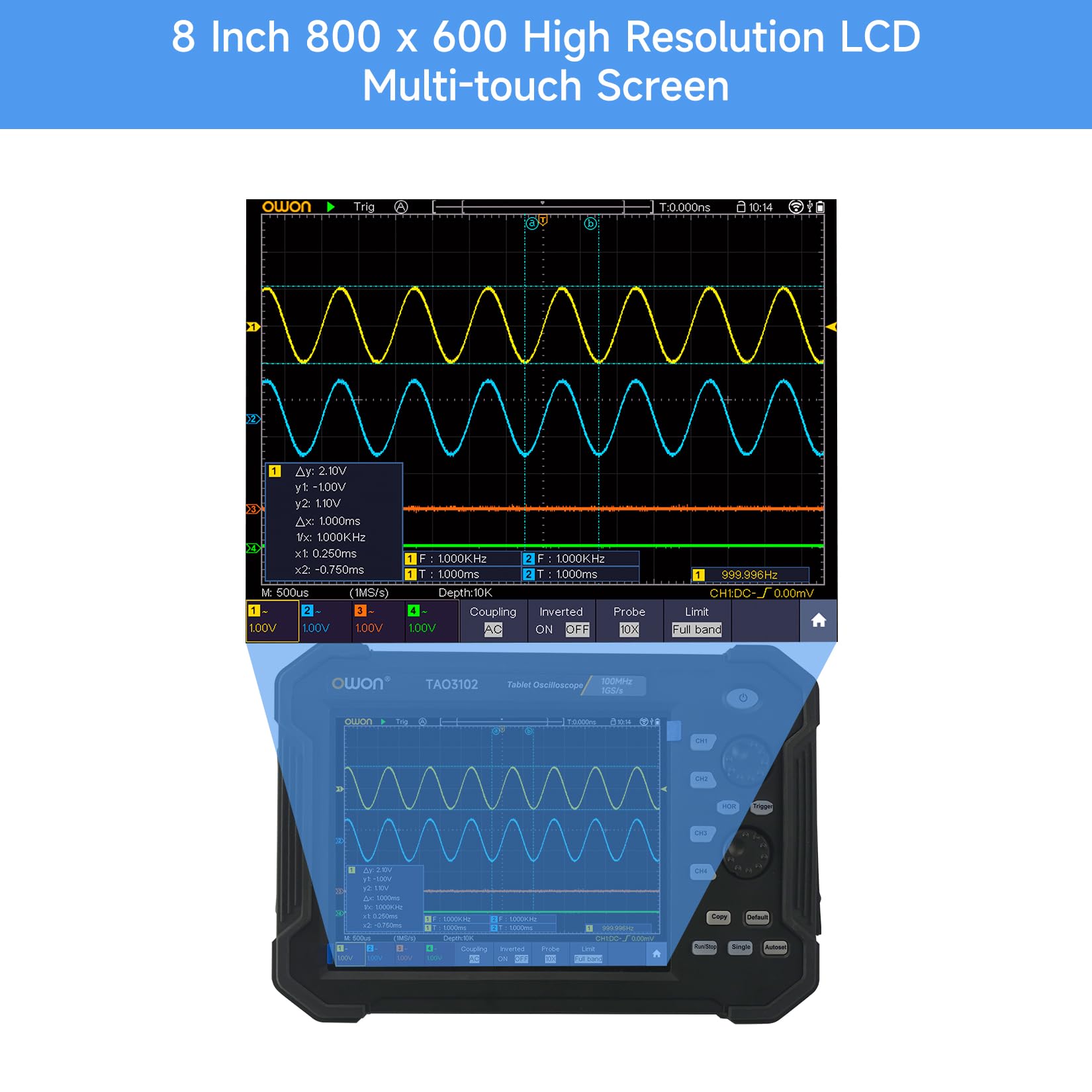 OWON Oscilloscopio Digitale TAO3102, Oscilloscopio a 2 Canali, Larghezza di Banda 100 MHz e Frequenza di Campionamento 1 GS/s, Velocità di Aggiornamento della Forma D'onda 45.000 wfms/s