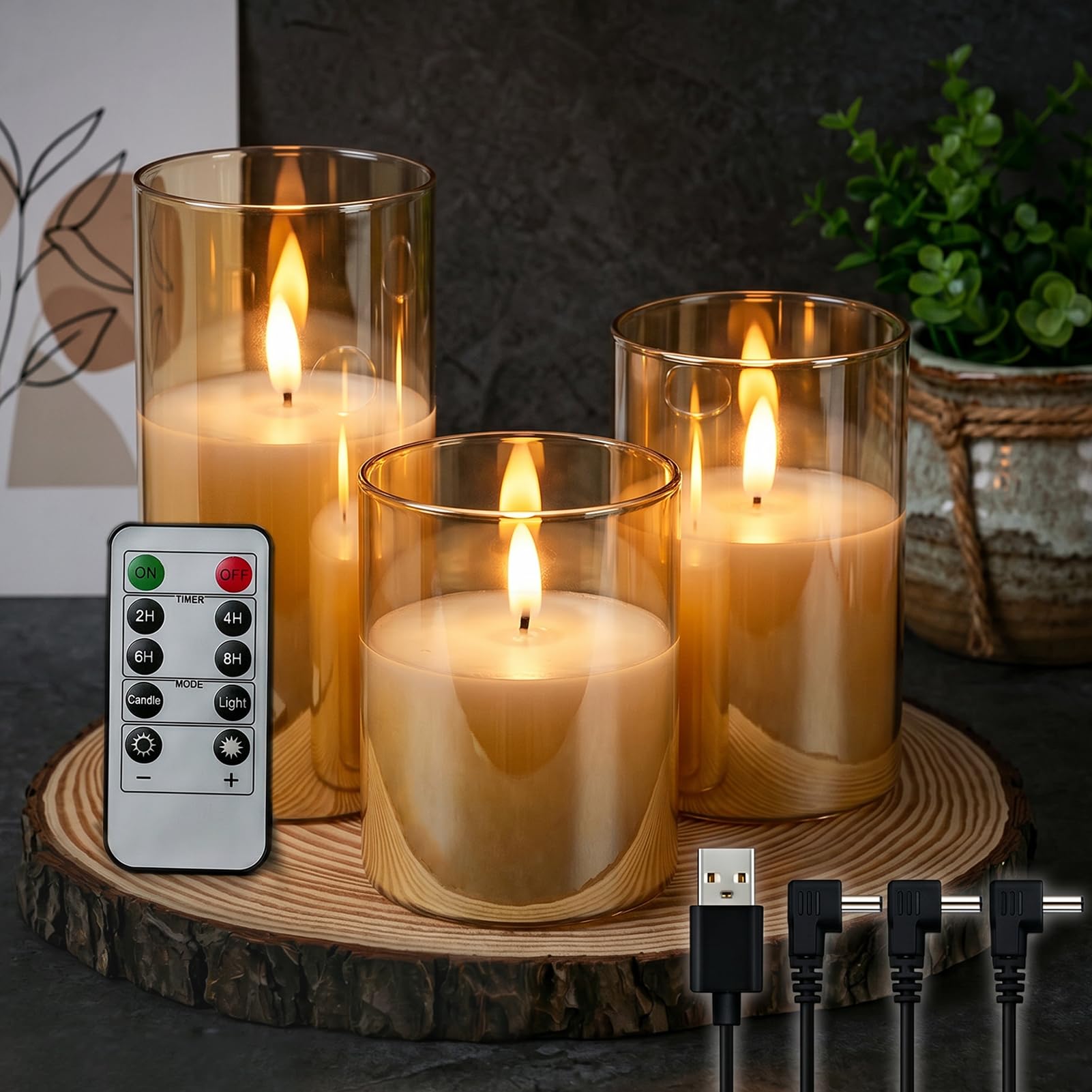 GenSwin Rechargeable LED Flameless Flickering Glass Candles with Remote Timer, Battery Operated Pillar Candles Long Lasting Gold Real Wax USB Candle (D 3”×H 4”5”6”)-image-45