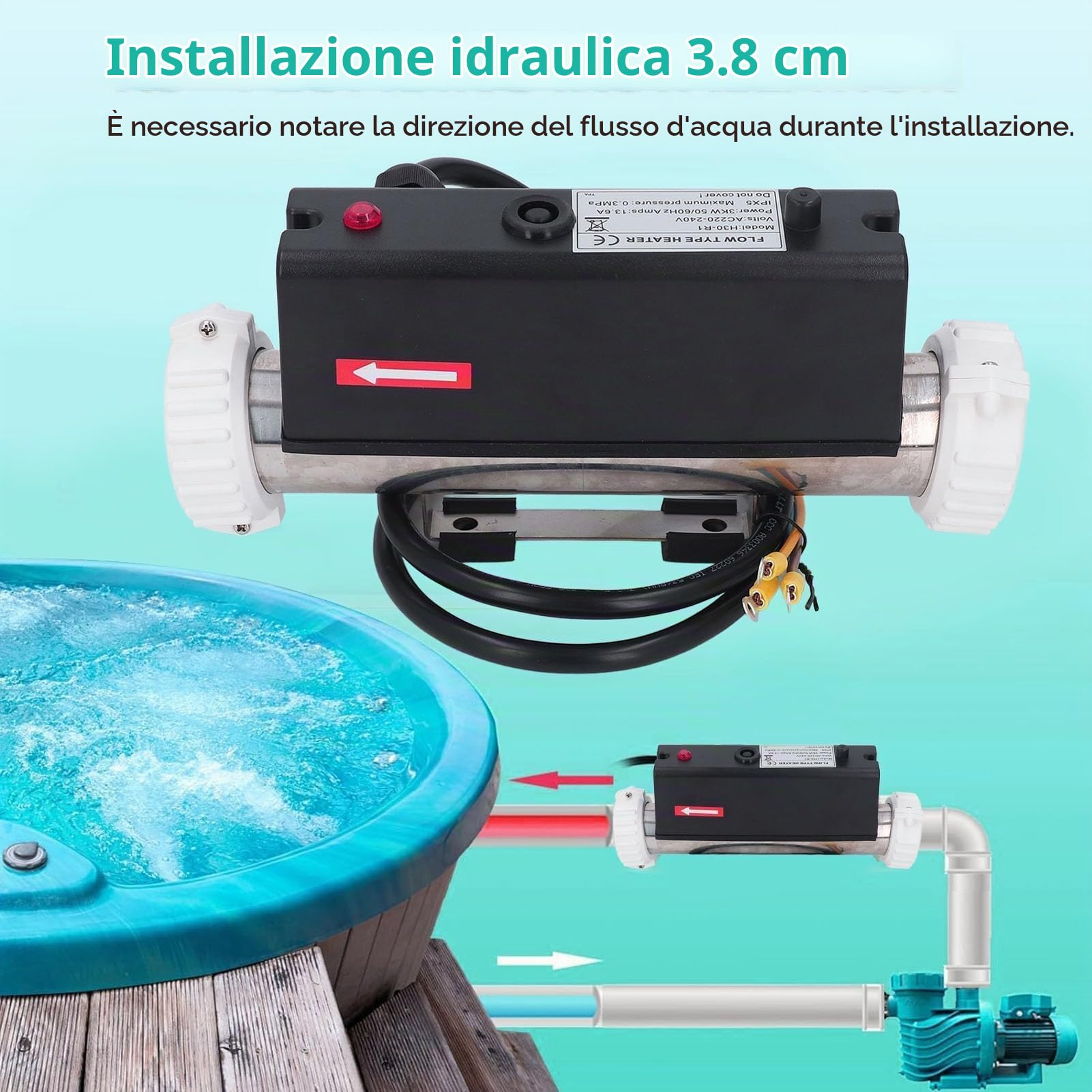 Riscaldatore Elettrico per Piscina con Termostato, 2KW, Controllo della Temperatura, per Vasche Idromassaggio e Spa