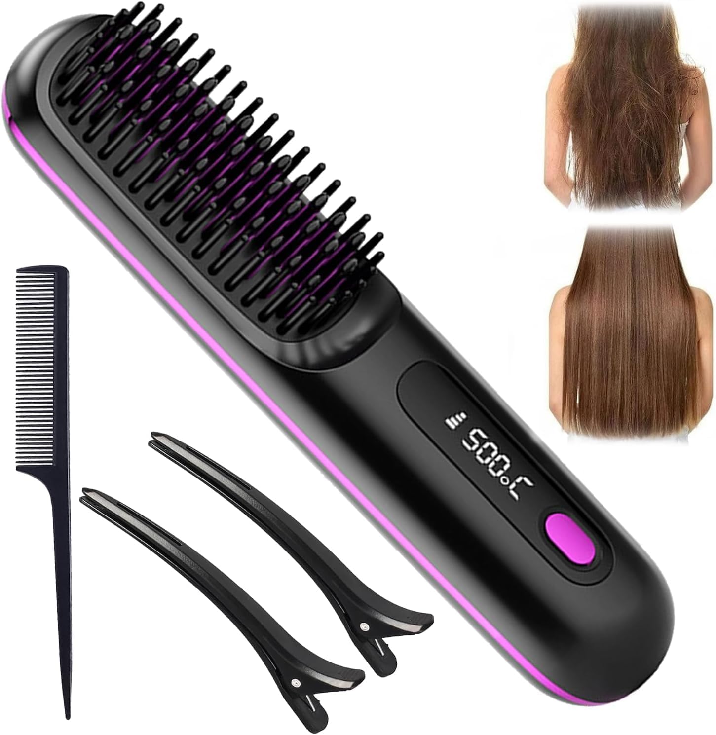 Brusheo Hair Pro stijltang, draadloos, 2-in-1 stijlborstel voor haar, draadloos, stijltang met negatieve ionen met 3 temperaturen