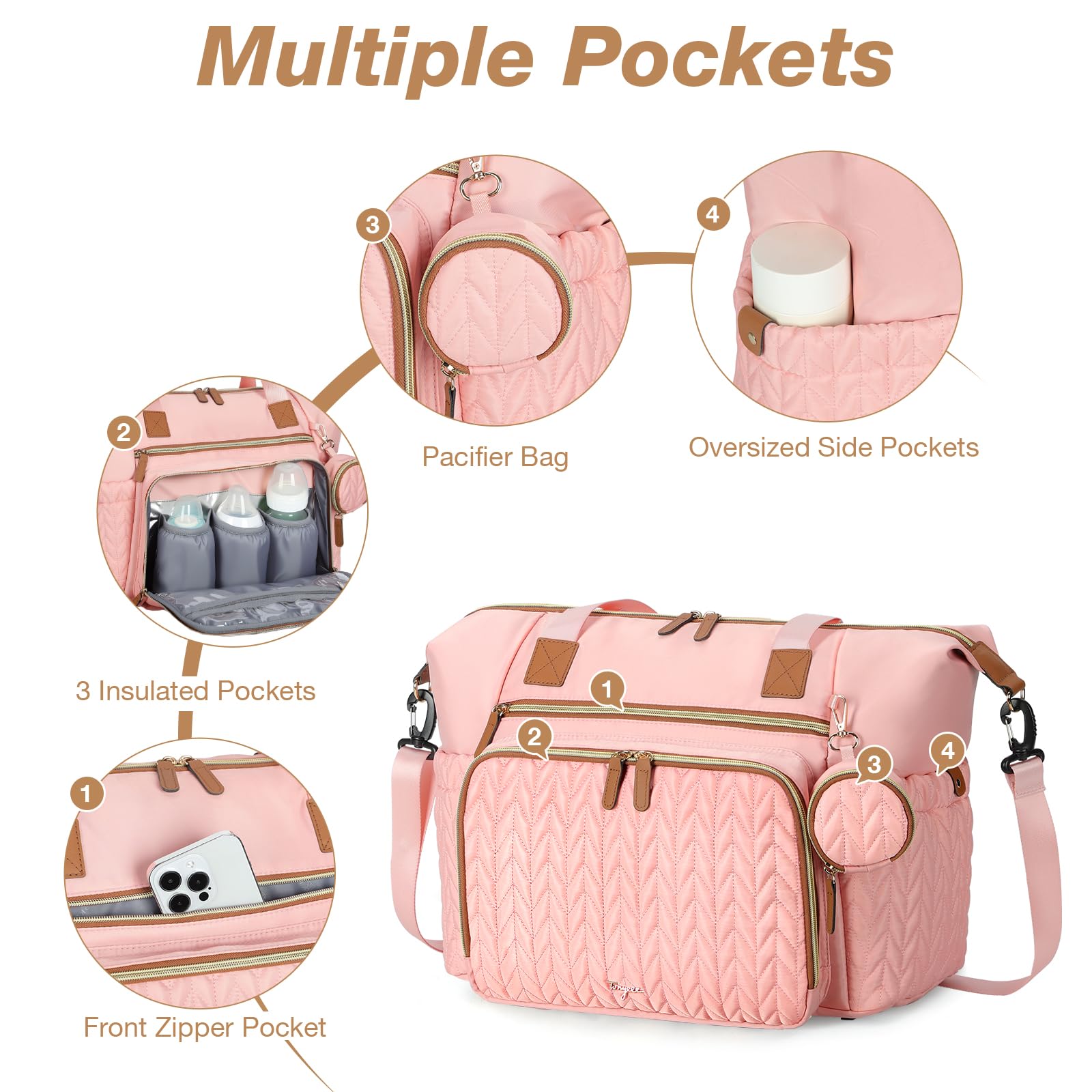 Ritzy, borsa per pannolini di lusso, borsa da viaggio per la mamma, leggera, elegante, con fasciatoio, per mamma, rosa