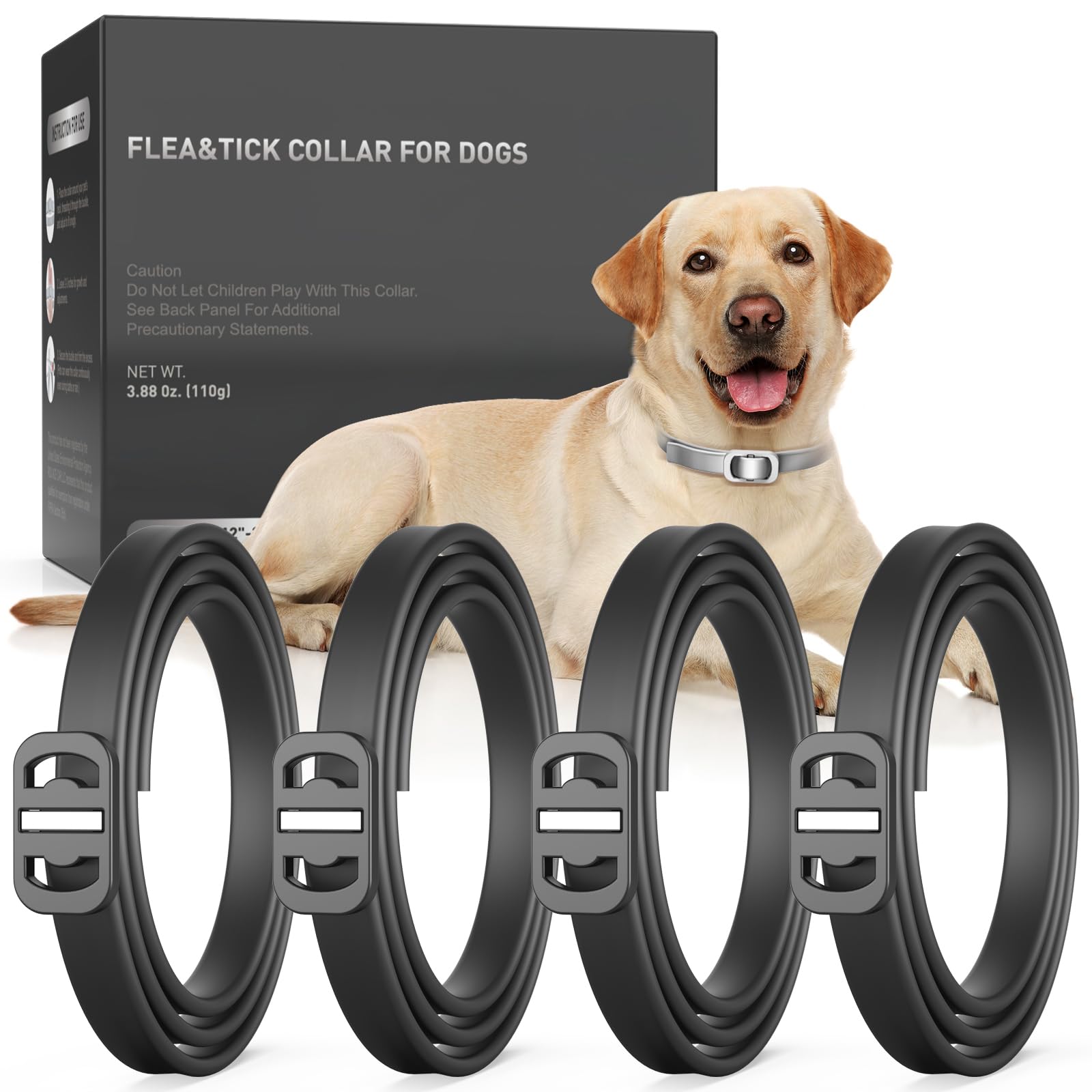 Flea Collar for Dogs, 4 Pack Flea and Tick, Dog Flea Collar with Natural Essential Oils, Adjustable Size for All Ages of Dogs(Black)