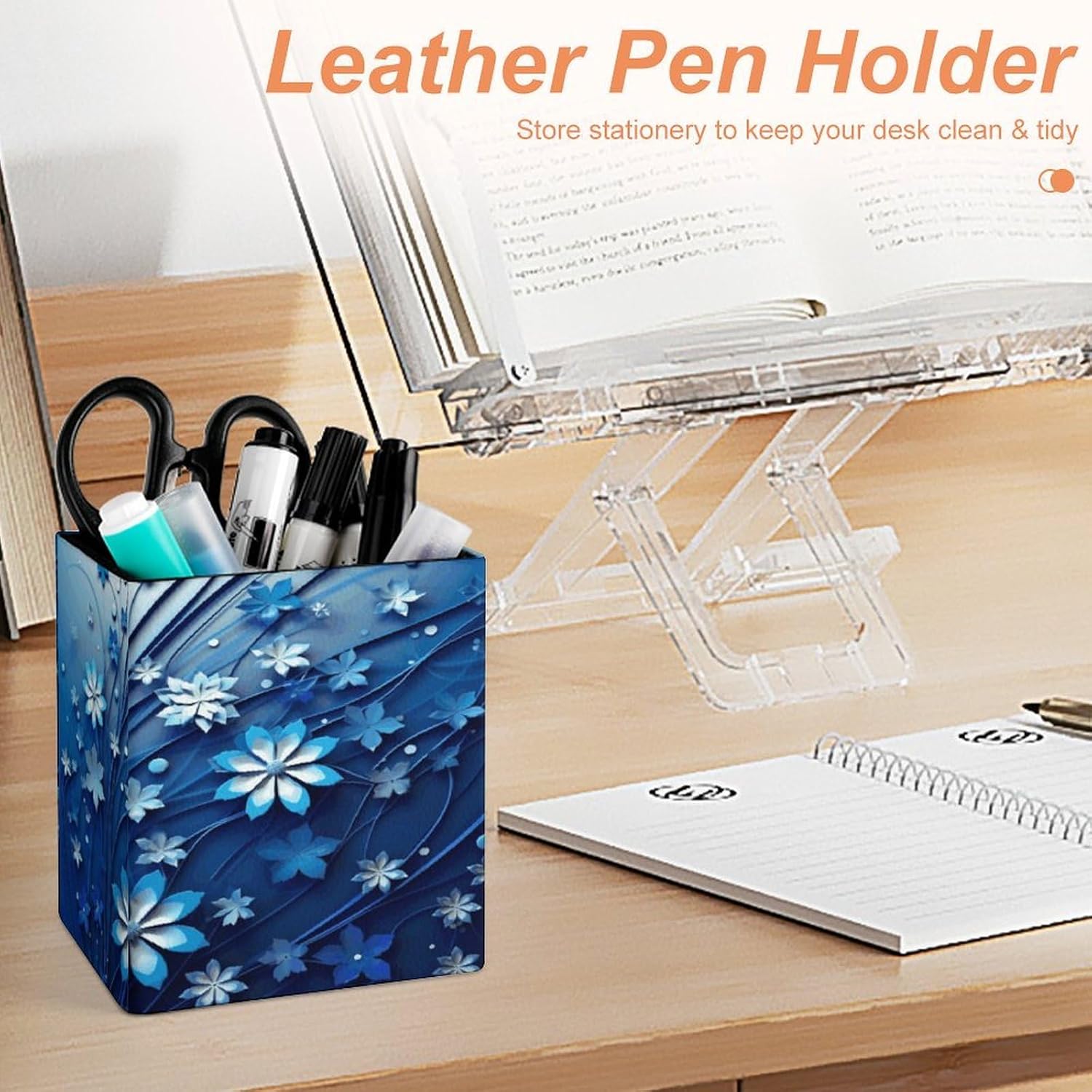 Blue Mini Flower Swirl Pen Holder Square Desk Organizer for Office Studio image 4