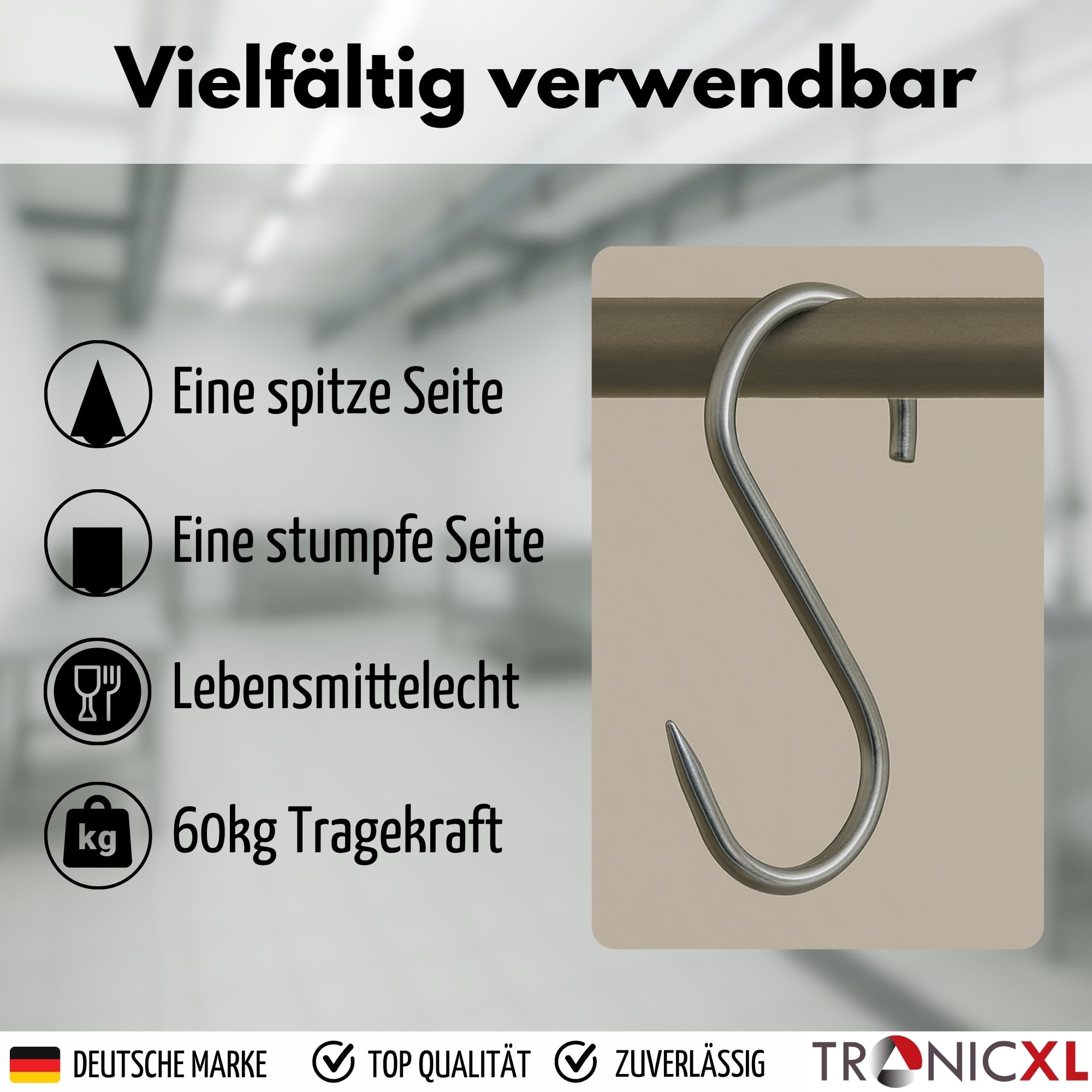 TronicXL Premium - Gancho en S de acero inoxidable de 140 mm x 6 mm para carne, carnicero, ahumador, acero inoxidable, carnicero, carnicero, acero inoxidable, Plateado