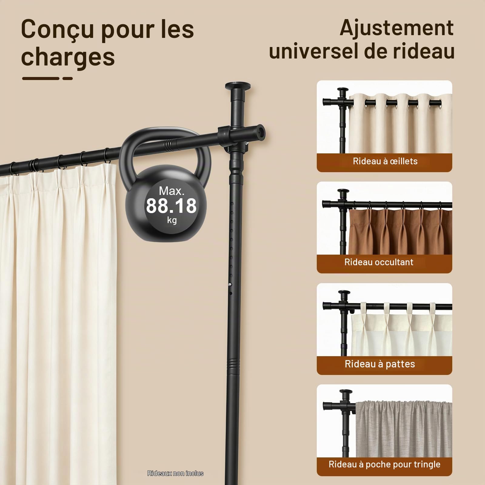 Barre de Séparation Pièce sans Perçage – Tringle Rideau Télescopique Réglable en Hauteur 1,5 m à 3,5 m, Support Mural Autoportant pour Cloison Amovible, idéal Locataires