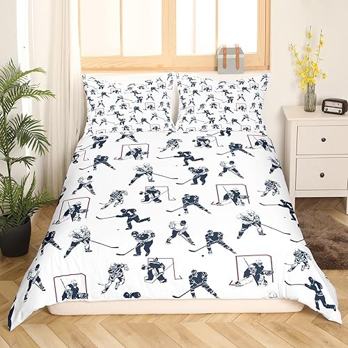 Juego de ropa de cama de hockey sobre hielo para niños y niñas, funda de edredón con patrón de eventos deportivos, funda de edredón de jugador de
