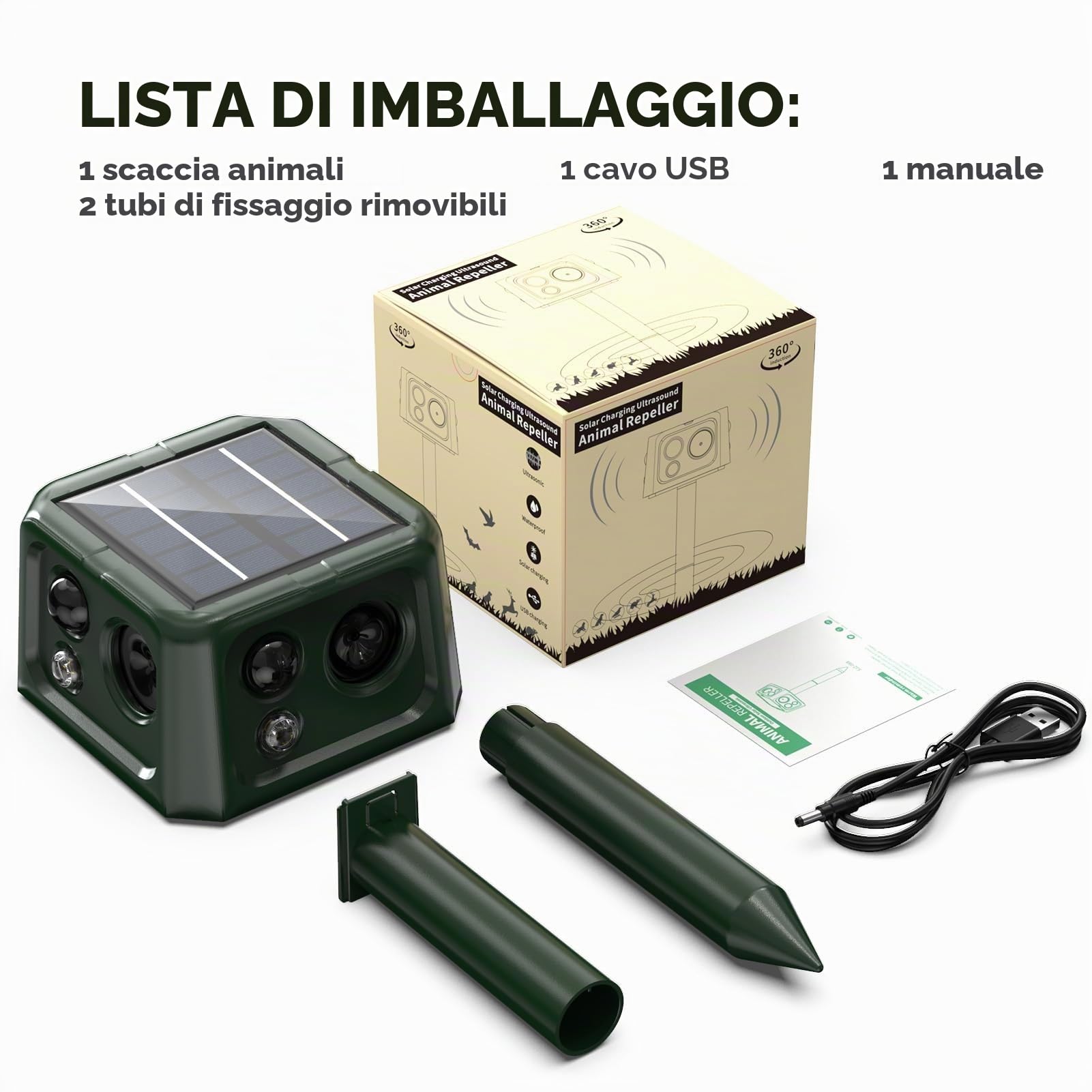 Repellente per Gatti, 360° Repellente per Animali ad Energia Solare con Sensore di Movimento e Luce Lampeggiante, 5 Modalità Ultrasuoni Repellente per Topi Uccello Puzzola Scoiattolo Procione Coniglio