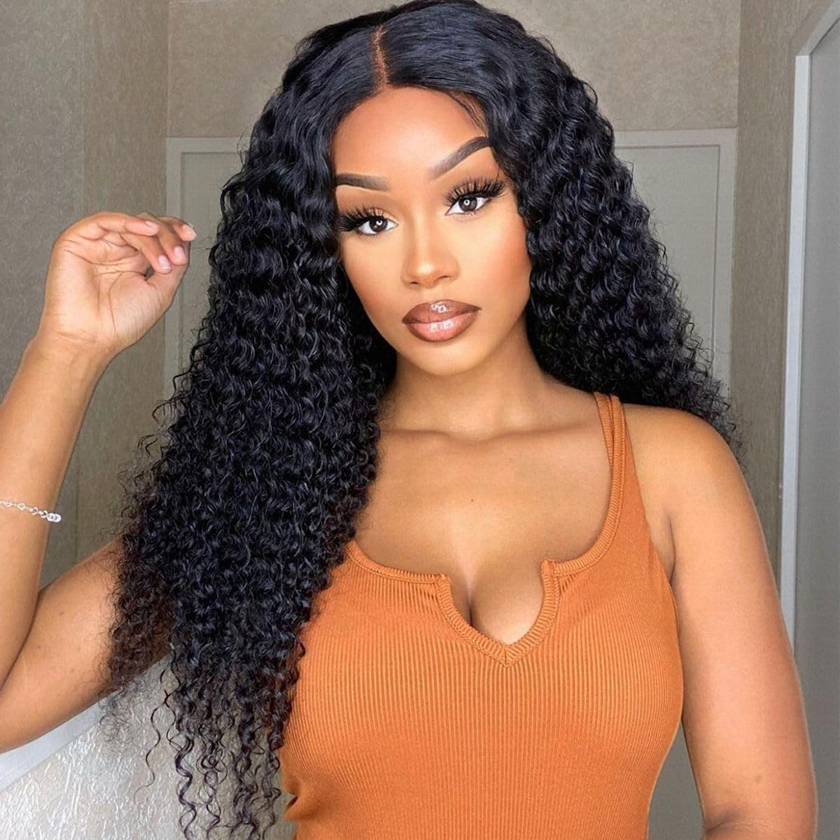 Ali Pearl Natural Black Curly Ready To Go 4x7 Glueless Lace Closure Wig For Black Women Human hair Wigs Pre Cut Plucked HD Transparent Lace Closure Wig 18 Inch