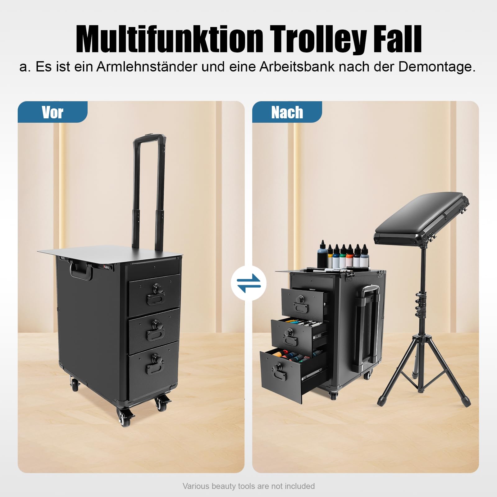 Kosmetikkoffer Trolley mit 3 Schubladen, Beauty Case für Make-up & Friseur | Höhenverstellbarer Trolleygriff & Universalrollen, Integriertes Zahlenschloss für mehr Sicherheit, 20 kg Tragkraft