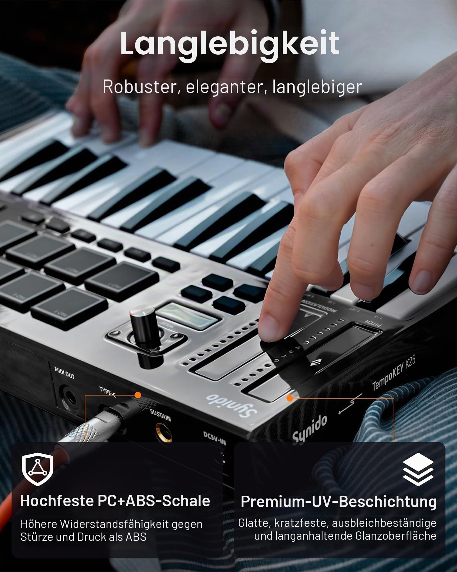 Synido TempoKEY K25 USB C MIDI Keyboard Controller Mit 25 Breiten Tasten, Tiefem Tastenhub Und Anschlagdynamischen Tasten, 8 RGB-Drum-Pads, OLED-Display, Transportsteuerung, Touch Streifen, Arpeggiato